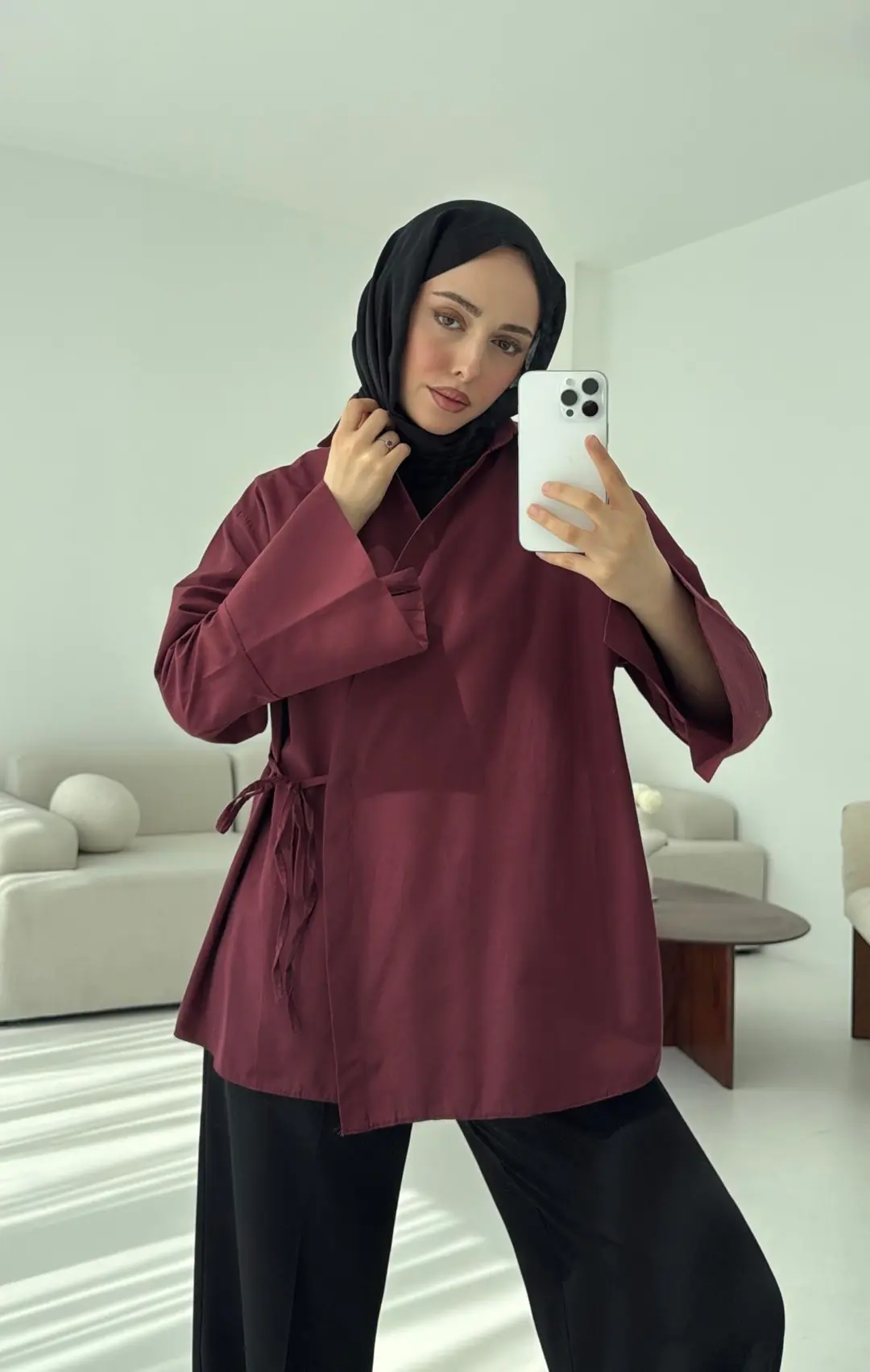 Çapraz Bağlamalı Kol Detay Gömlek Bordo - Görsel 5