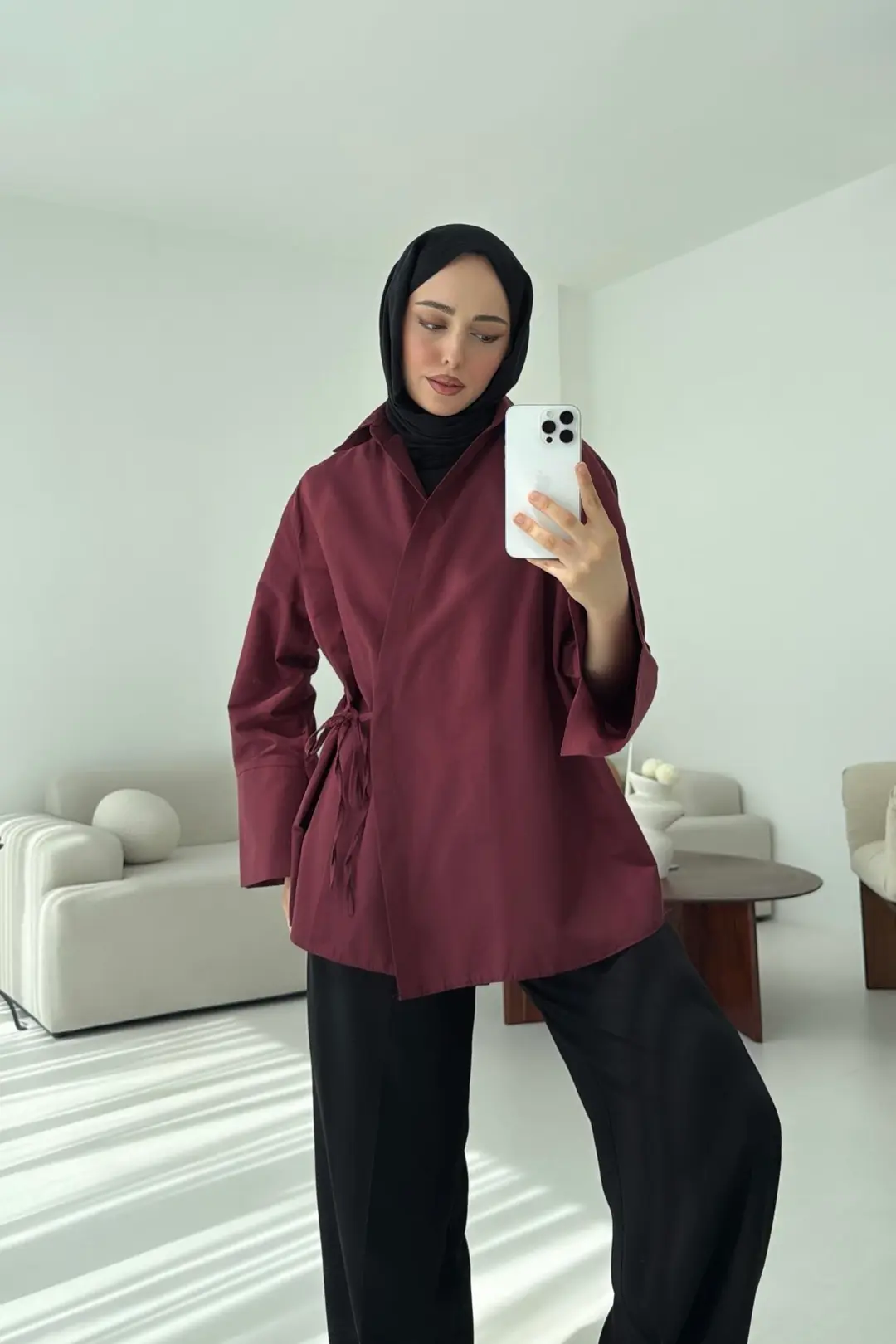 Çapraz Bağlamalı Kol Detay Gömlek Bordo - Görsel 7