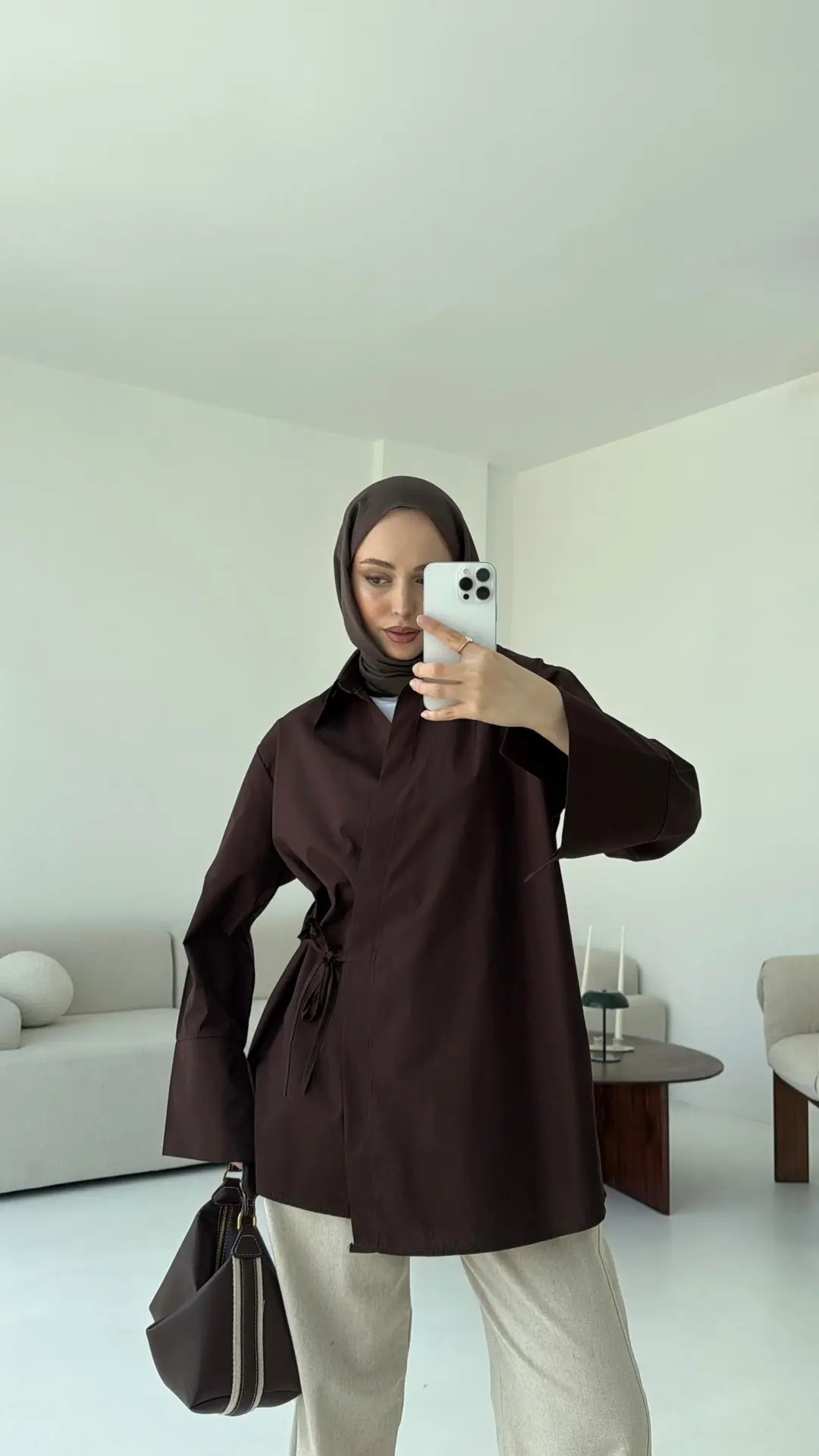 Çapraz Bağlamalı Kol Detay Gömlek Kahve - Görsel 8