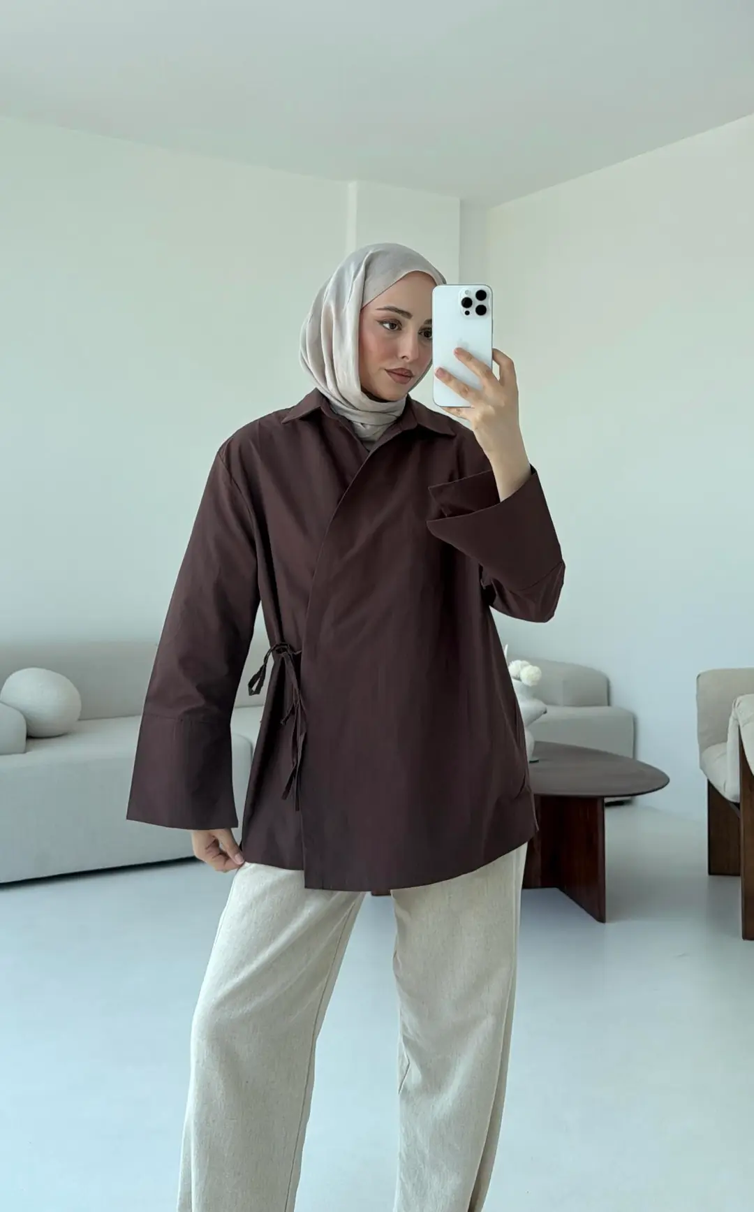 Çapraz Bağlamalı Kol Detay Gömlek Kahve - Görsel 7