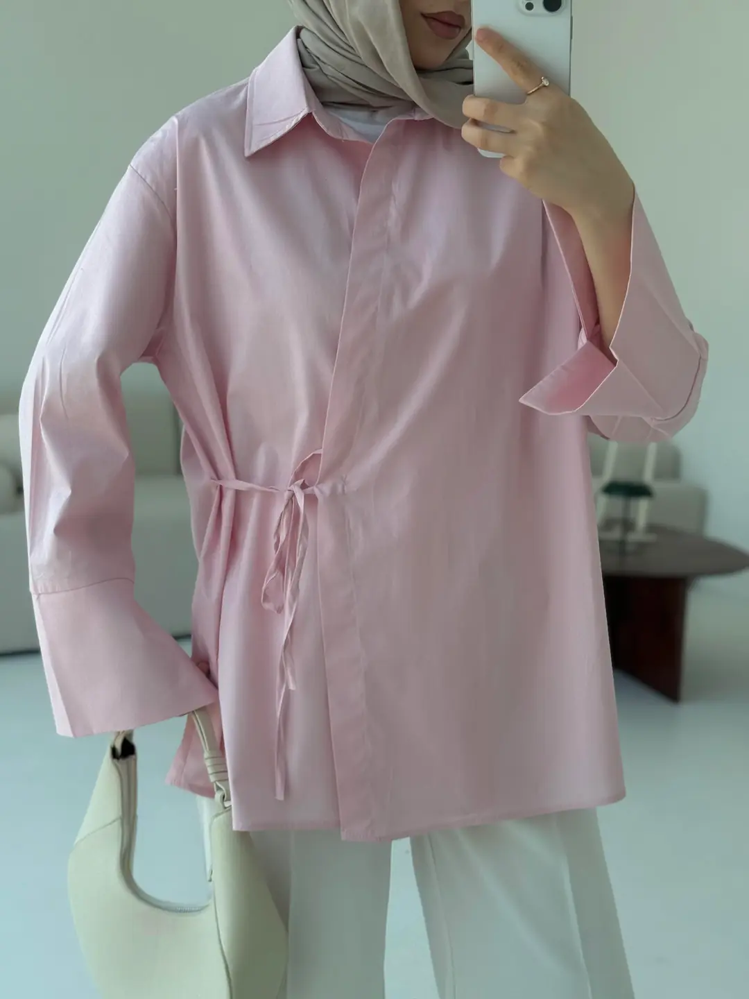 Çapraz Bağlamalı Kol Detay Gömlek Pembe - Görsel 10