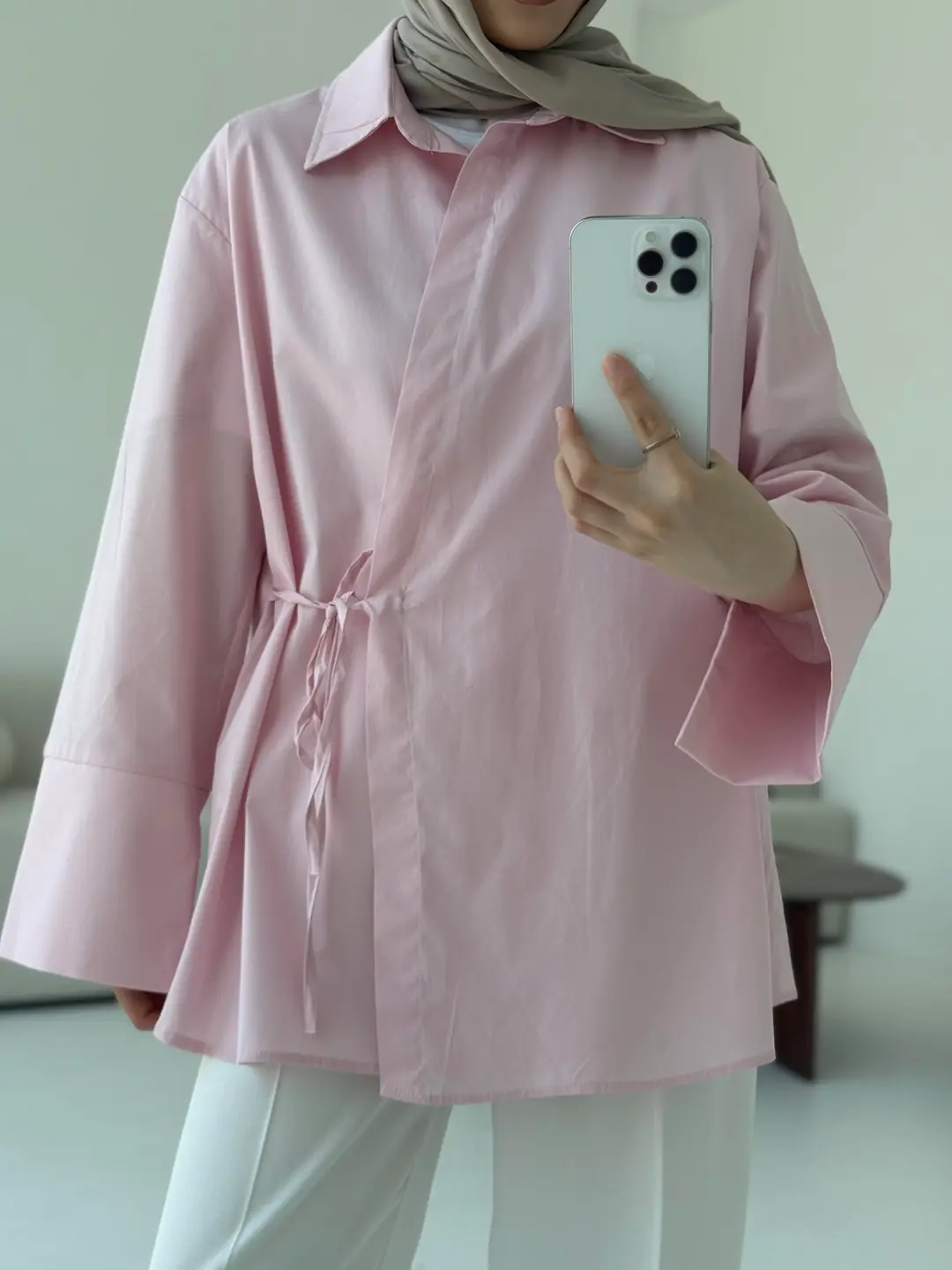 Çapraz Bağlamalı Kol Detay Gömlek Pembe - Görsel 9