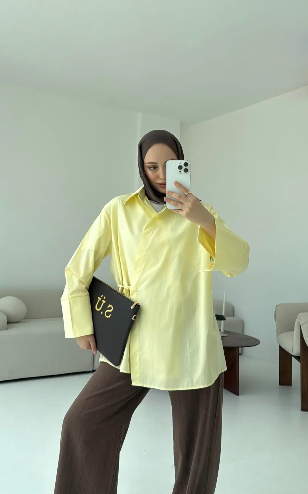 Çapraz Bağlamalı Kol Detay Gömlek Sarı - Görsel 2