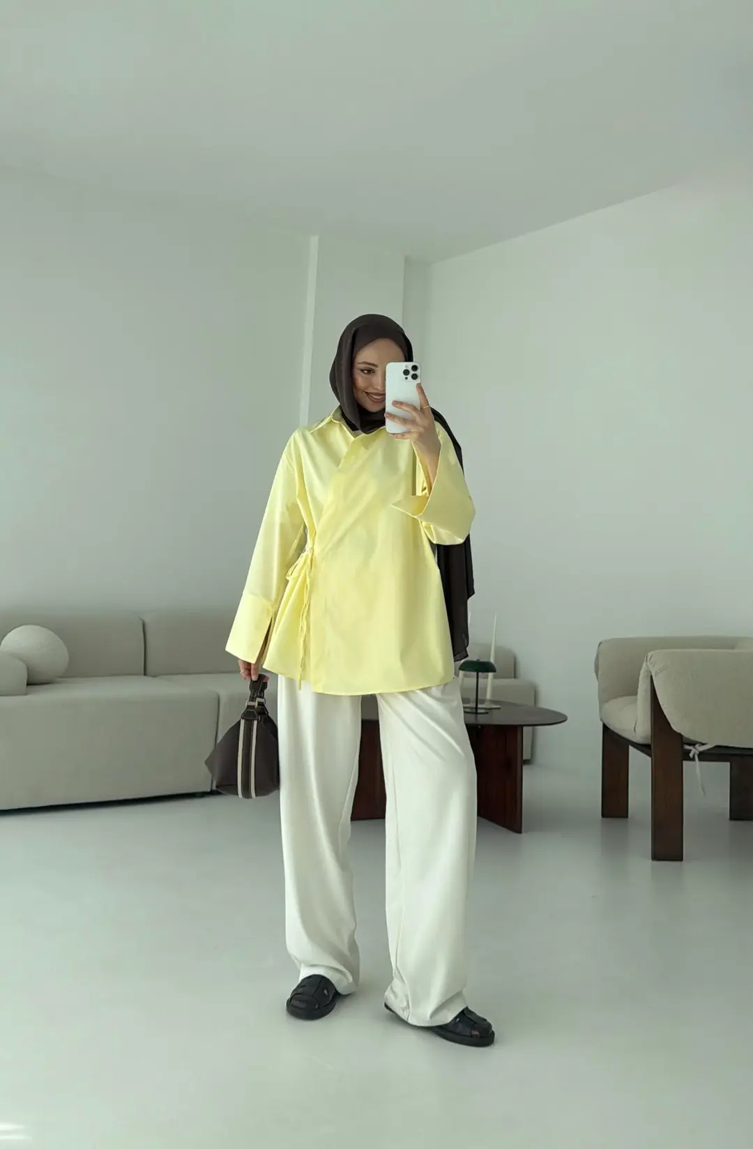 Çapraz Bağlamalı Kol Detay Gömlek Sarı - Görsel 2