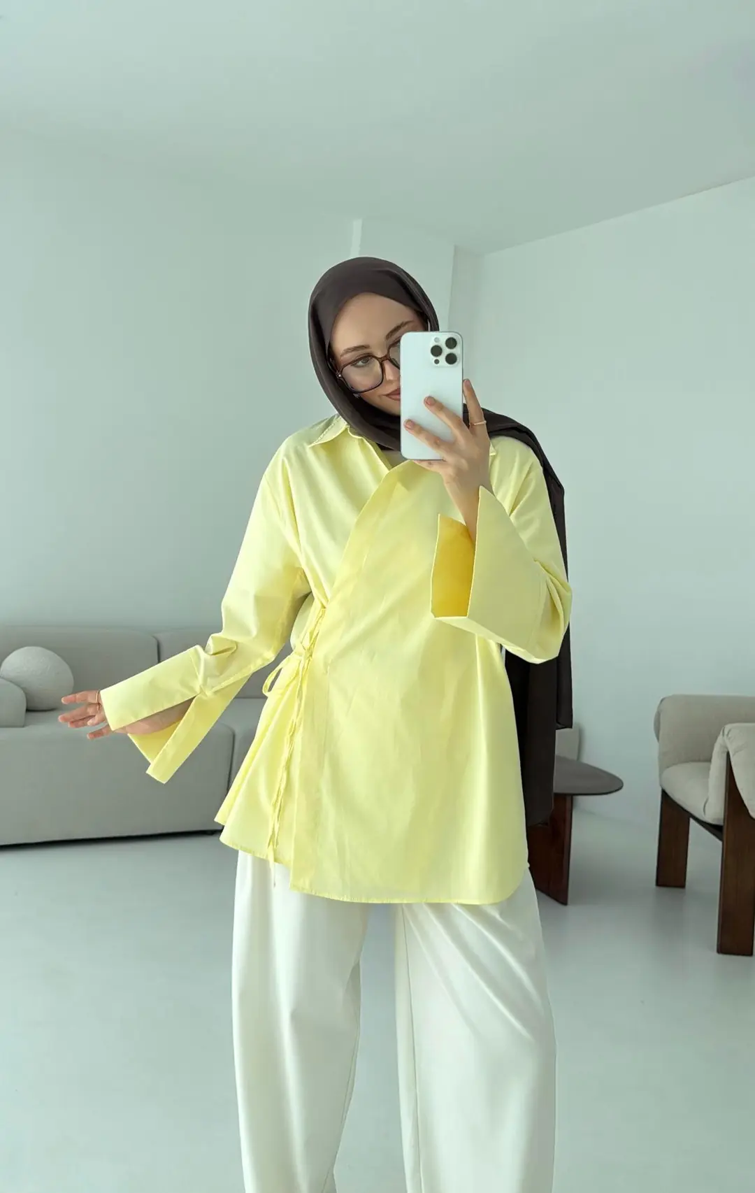 Çapraz Bağlamalı Kol Detay Gömlek Sarı - Görsel 4