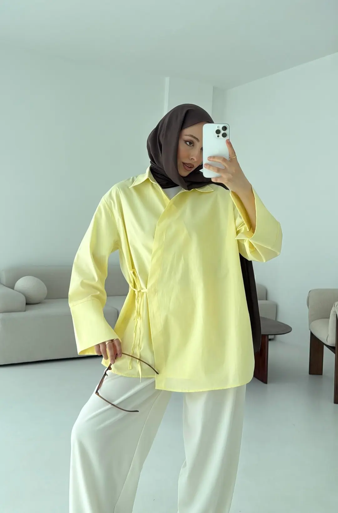 Çapraz Bağlamalı Kol Detay Gömlek Sarı - Görsel 5