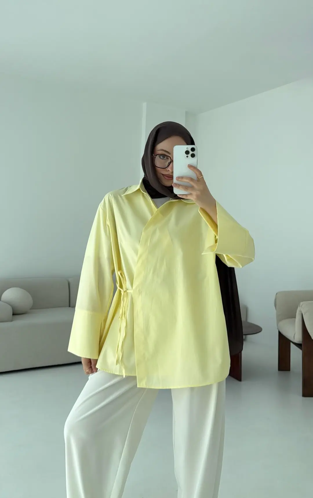 Çapraz Bağlamalı Kol Detay Gömlek Sarı - Görsel 6