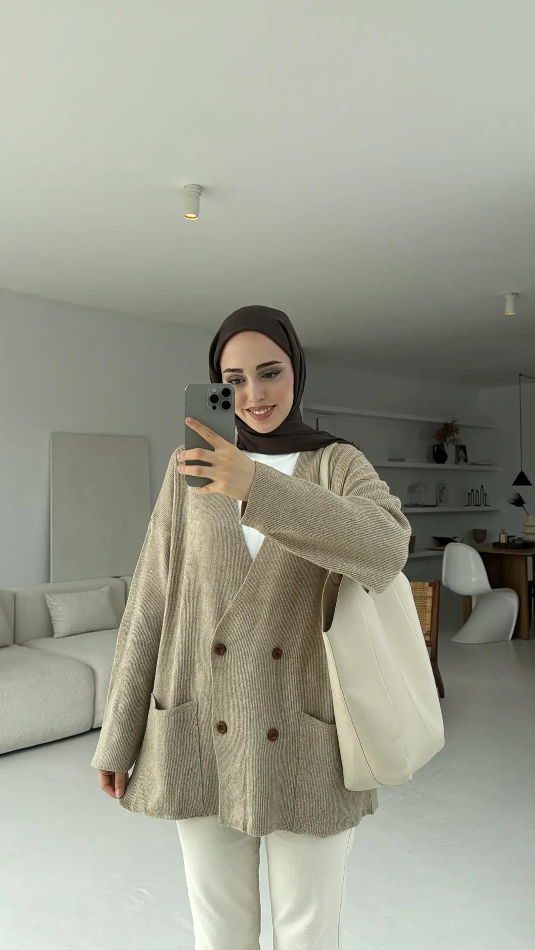 Düğmeli Cepli Triko Hırka Vizon - Görsel 6