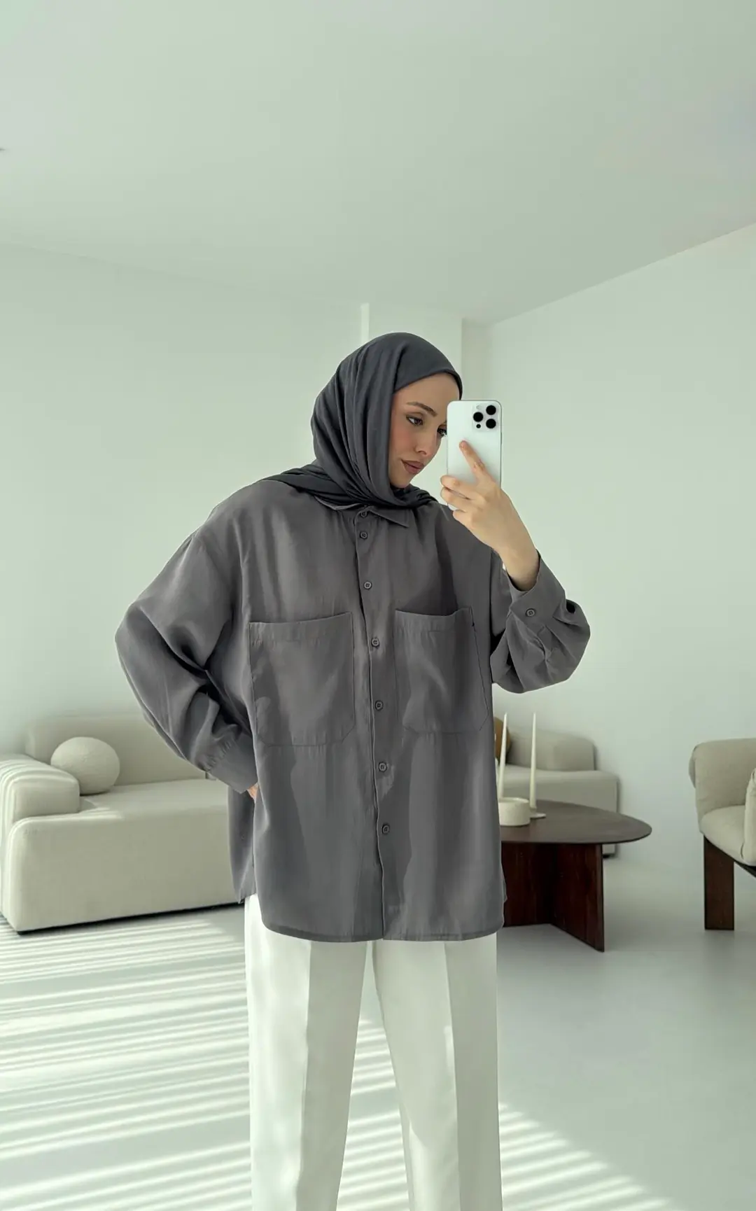 Çift Cep Gömlek Gri - Görsel 3