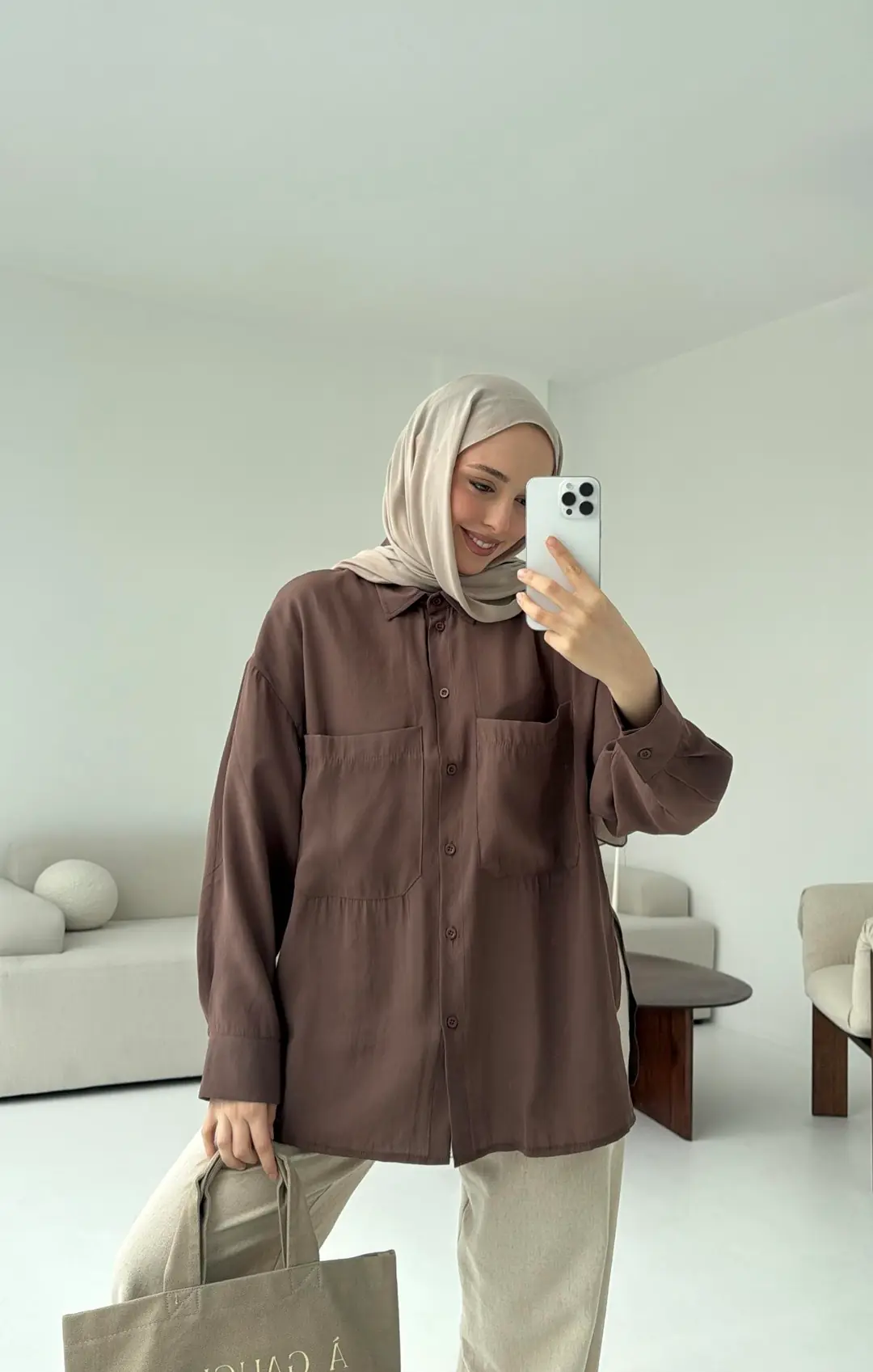 Çift Cep Gömlek Kahve - Görsel 2