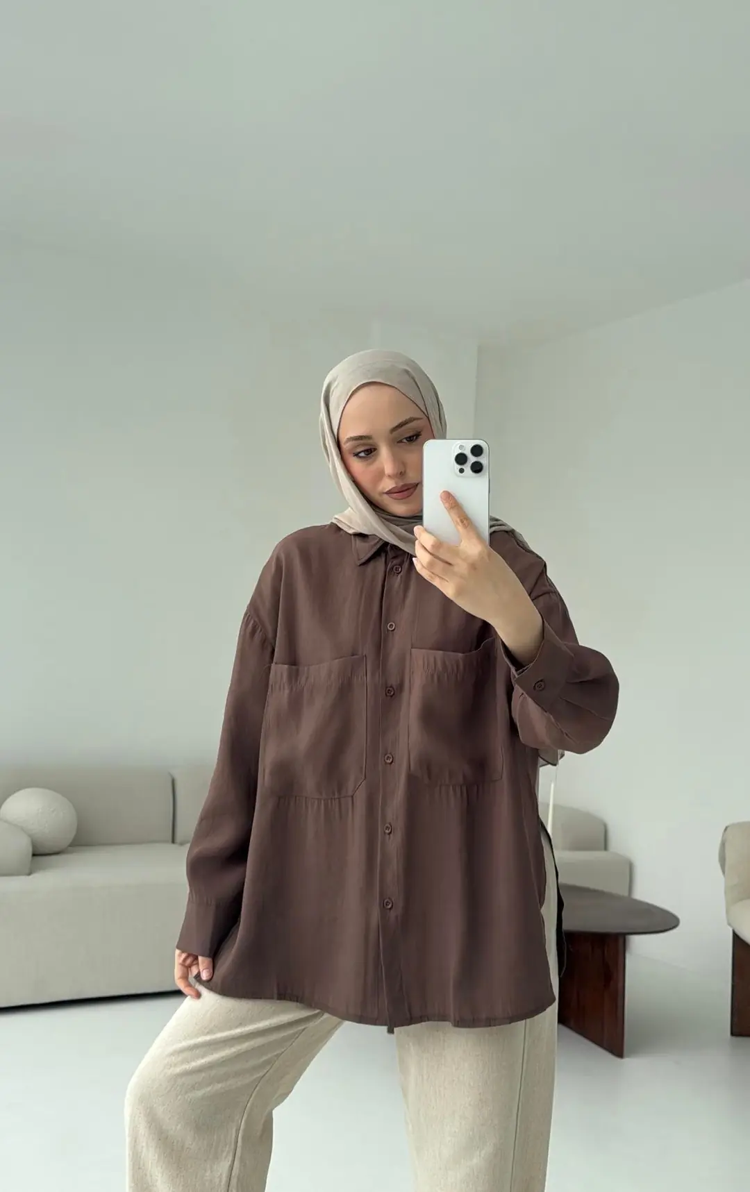 Çift Cep Gömlek Kahve - Görsel 5