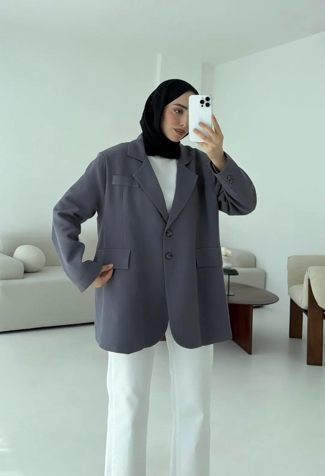 Çift Dügmeli Keten Blazer Antrasit - Görsel 2