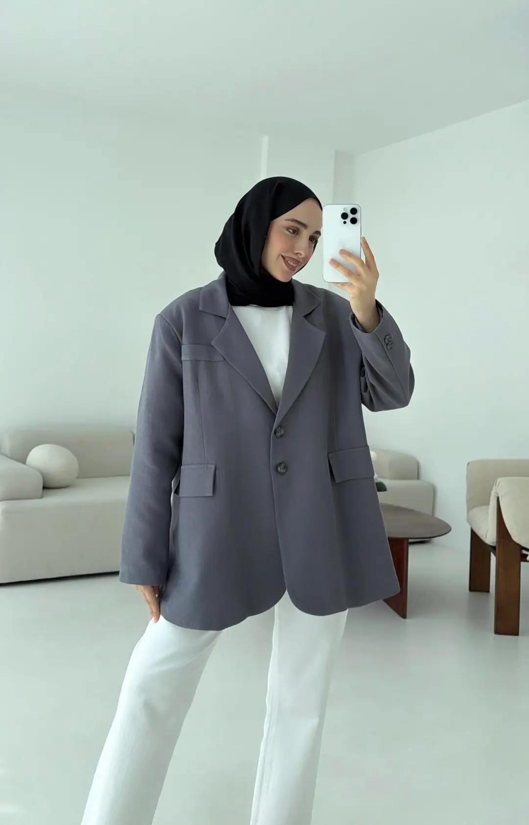 Çift Dügmeli Keten Blazer Antrasit - Görsel 5