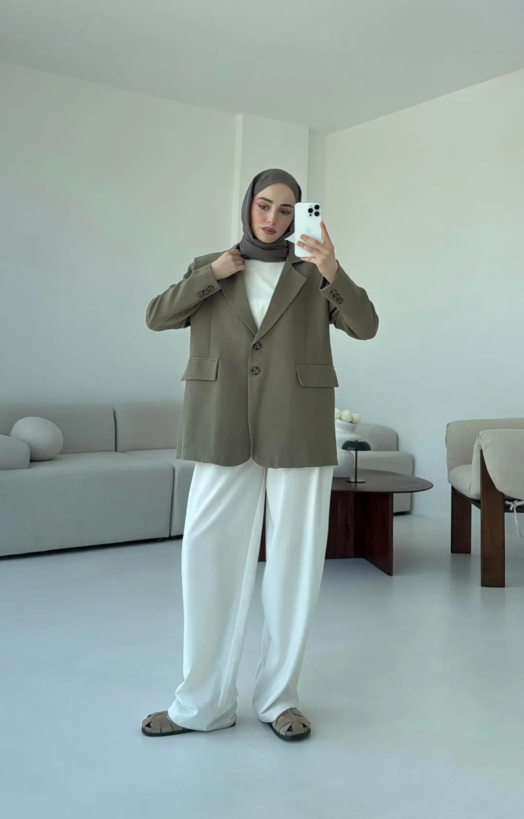 Çift Dügmeli Keten Blazer Haki