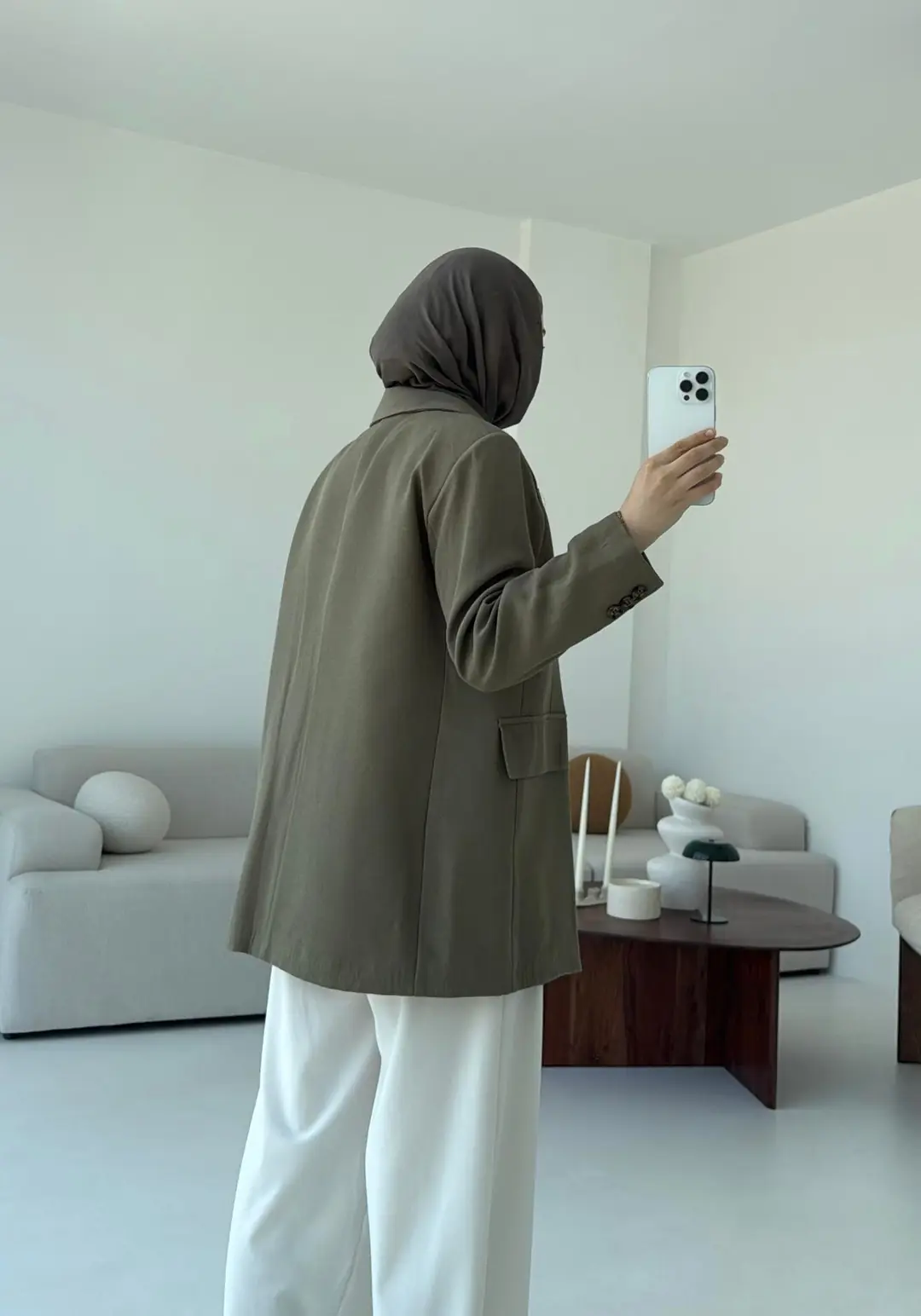 Çift Dügmeli Keten Blazer Haki - Görsel 2