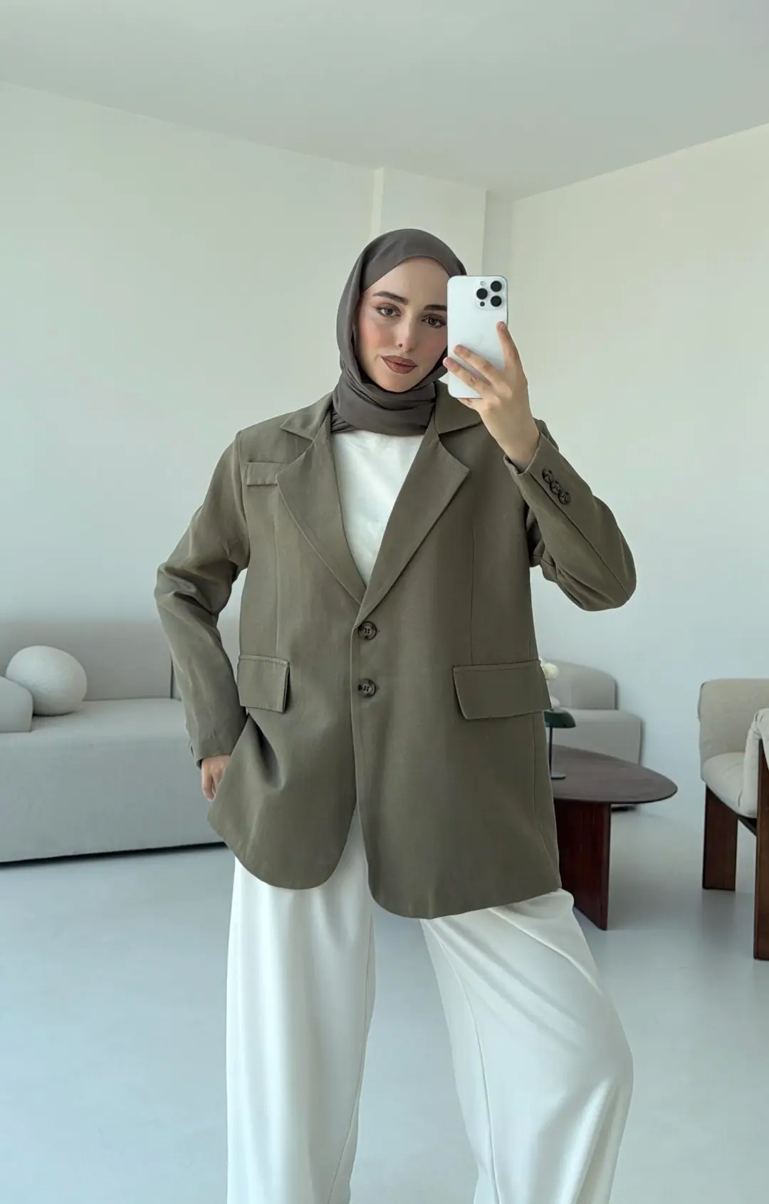 Çift Dügmeli Keten Blazer Haki - Görsel 4