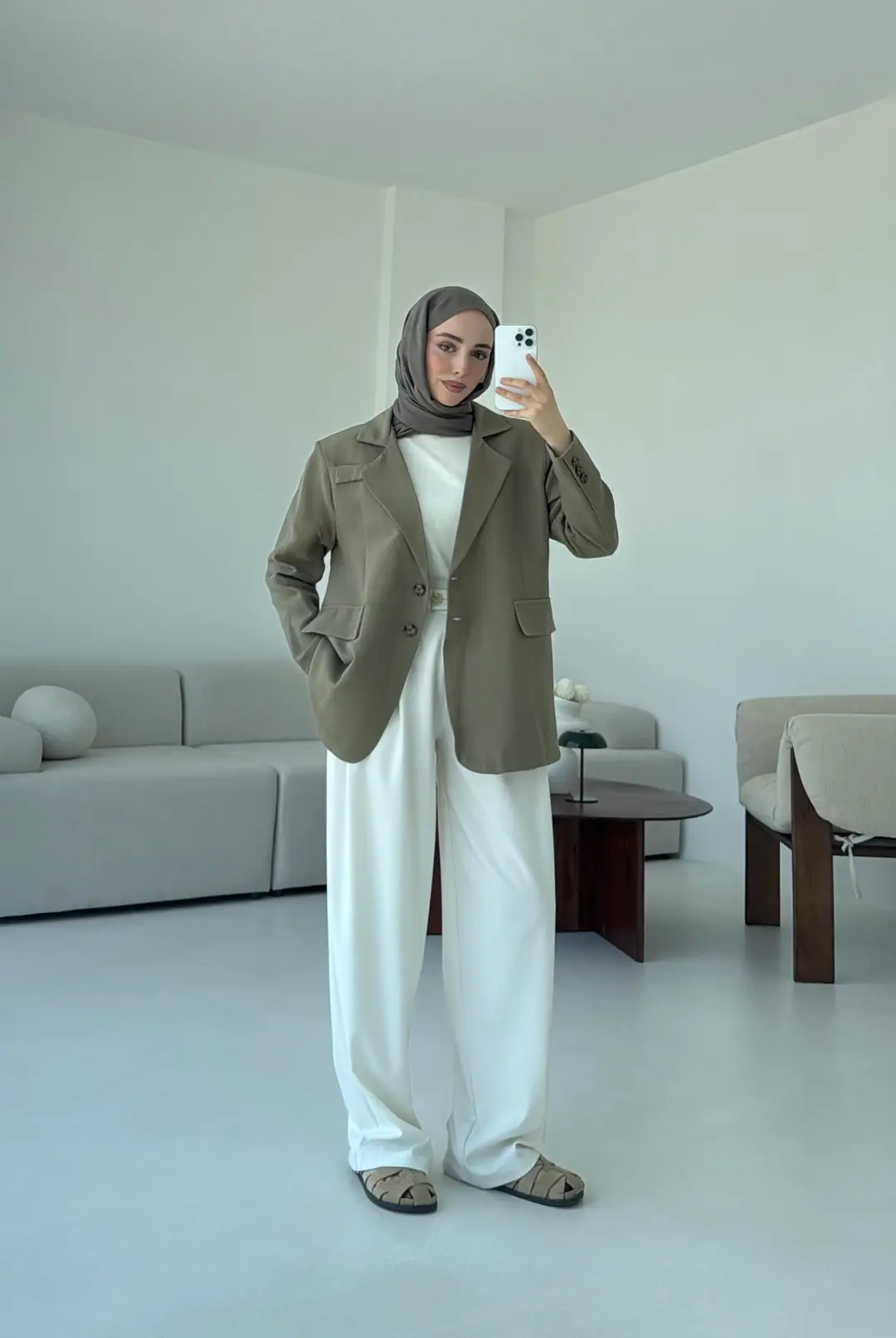 Çift Dügmeli Keten Blazer Haki - Görsel 5