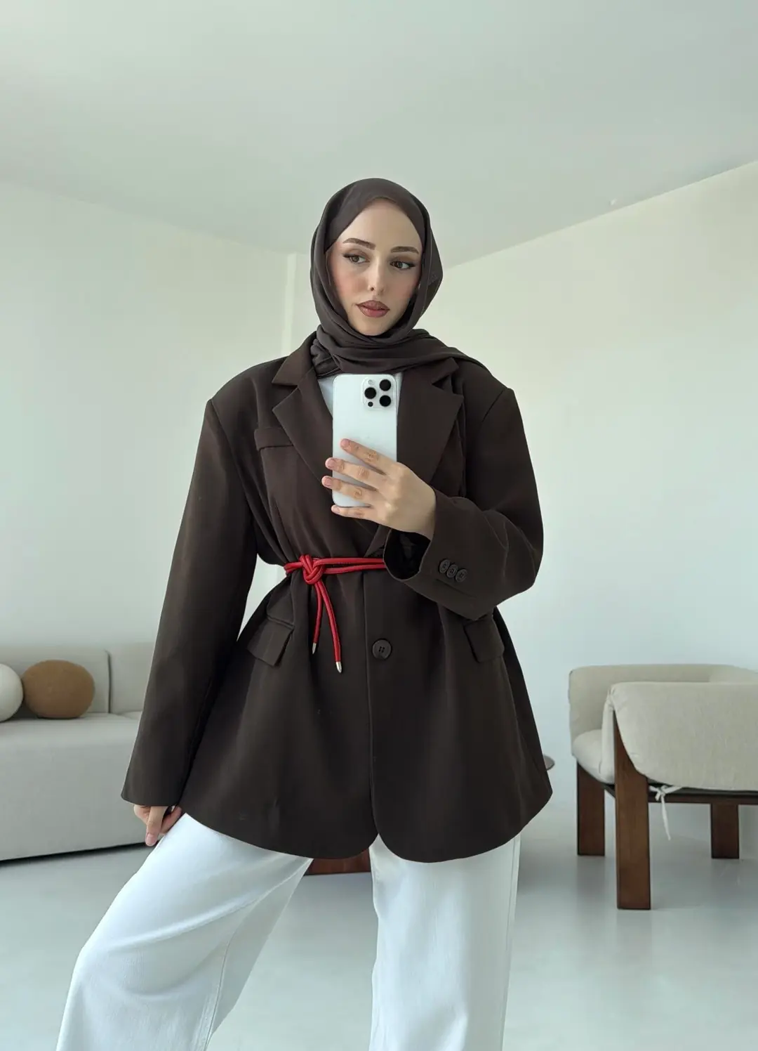 Çift Dügmeli Oversize Blazer Ceket Kahve - Görsel 4