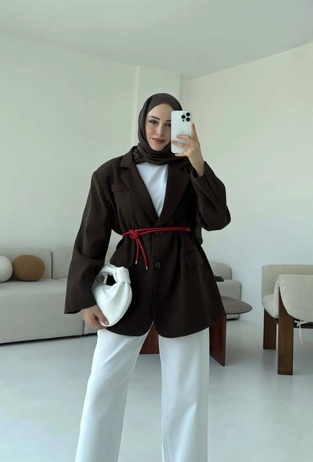 Çift Dügmeli Oversize Blazer Ceket Kahve - Görsel 8