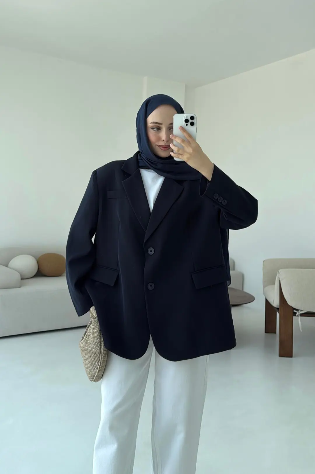 Çift Dügmeli Oversize Blazer Ceket Lacivert - Görsel 8