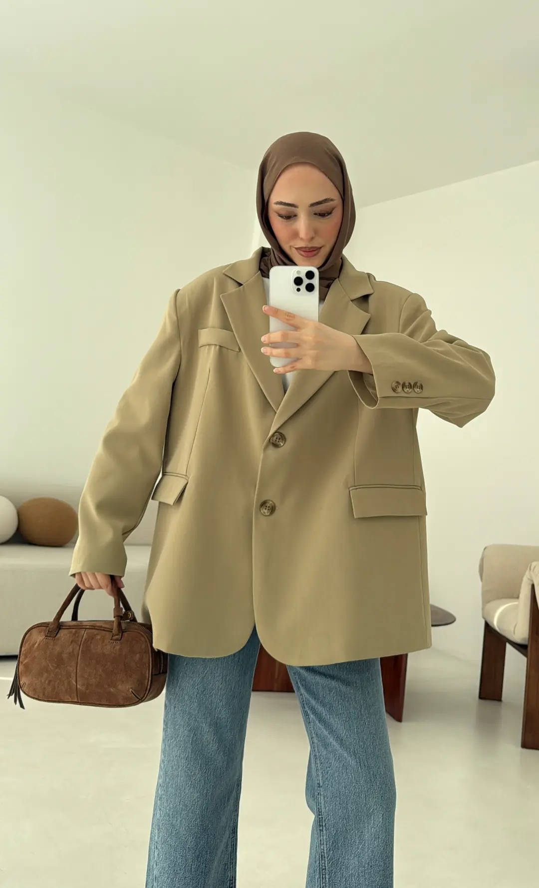 Çift Dügmeli Oversize Blazer Ceket Olive - Görsel 4