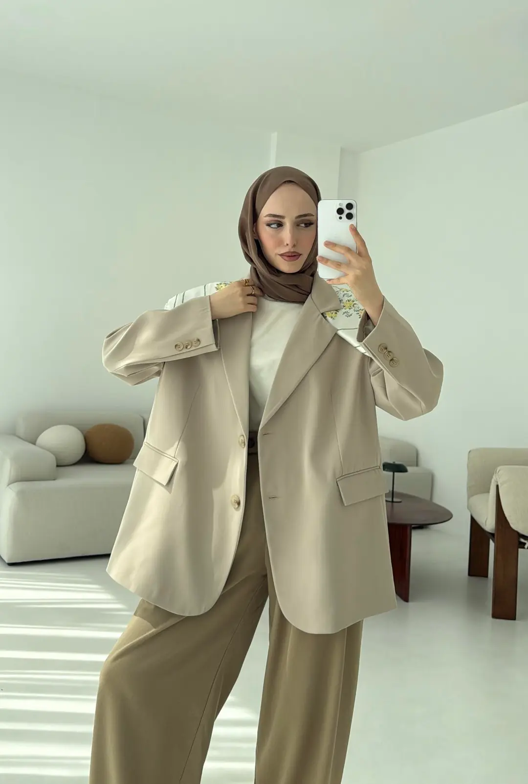 Çift Dügmeli Oversize Blazer Ceket Taş - Görsel 5