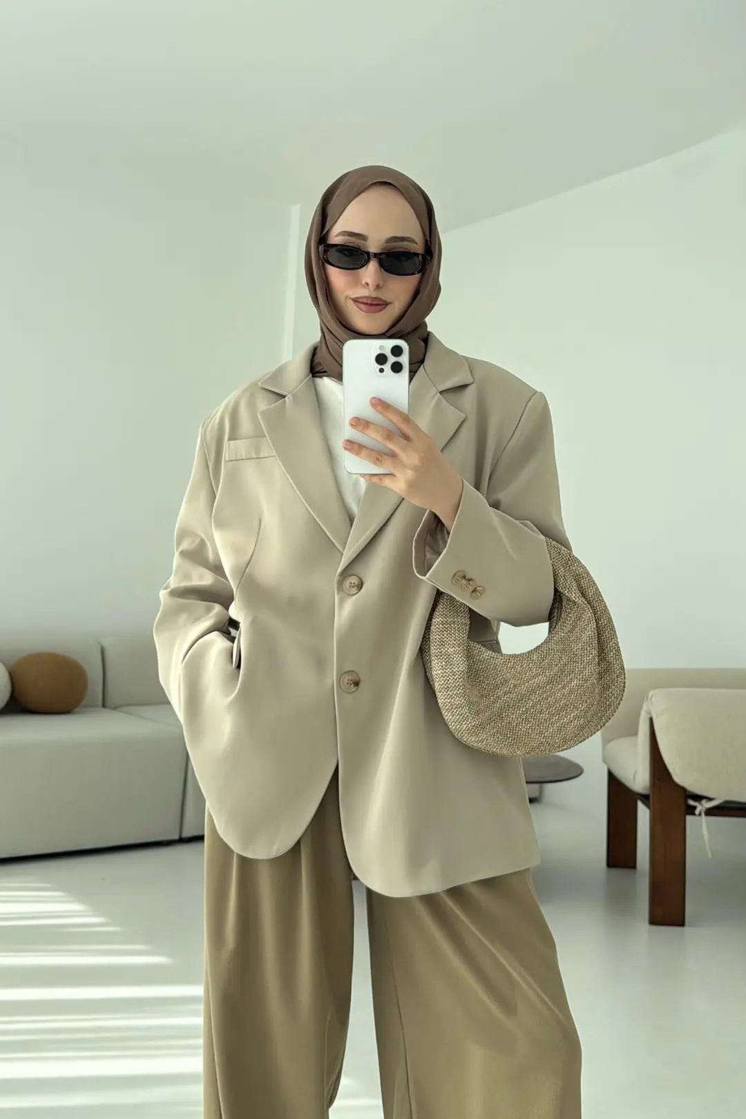 Çift Dügmeli Oversize Blazer Ceket Taş - Görsel 6