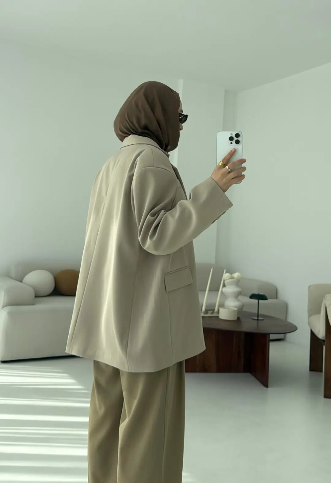 Çift Dügmeli Oversize Blazer Ceket Taş - Görsel 8