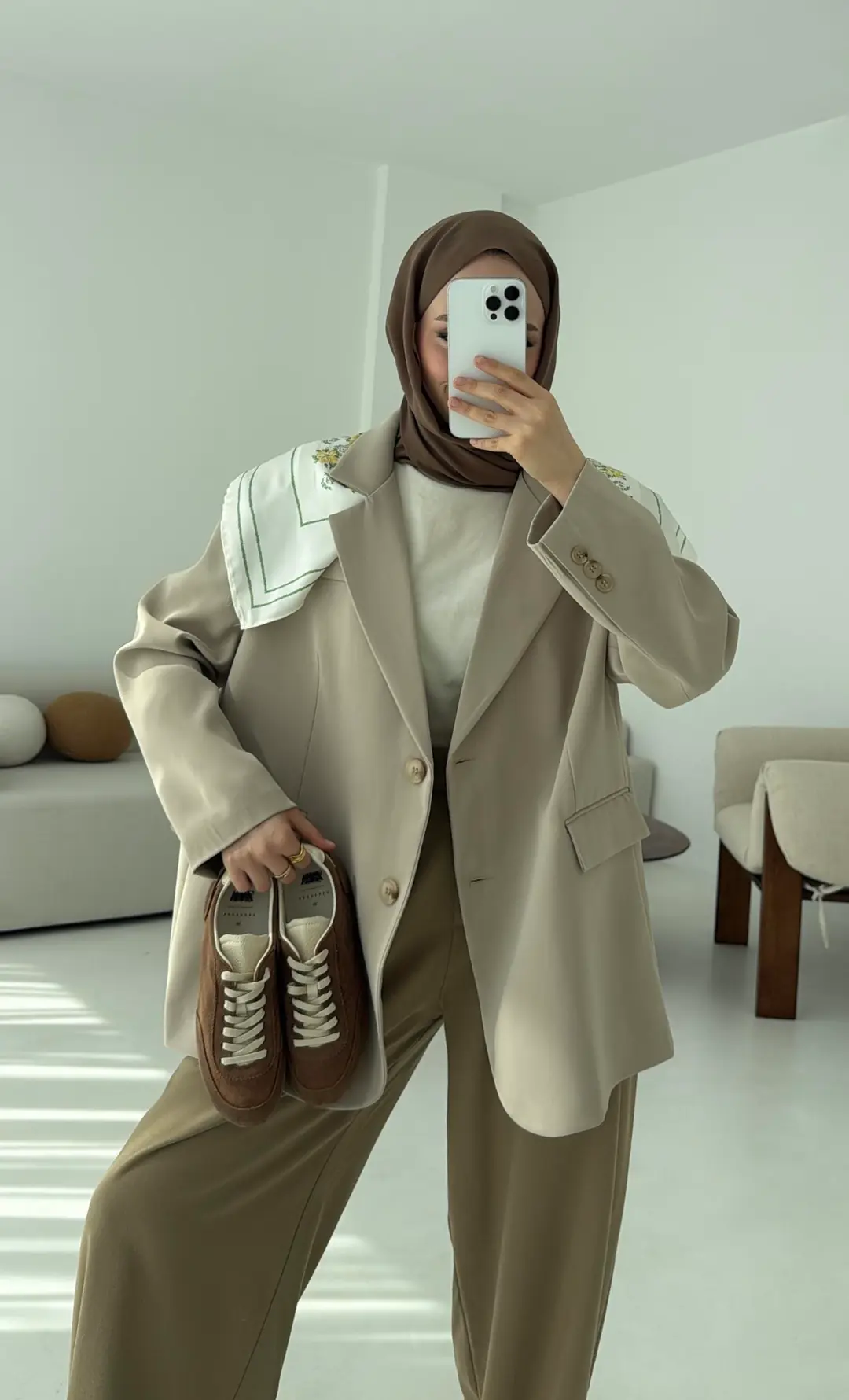 Çift Dügmeli Oversize Blazer Ceket Taş - Görsel 9