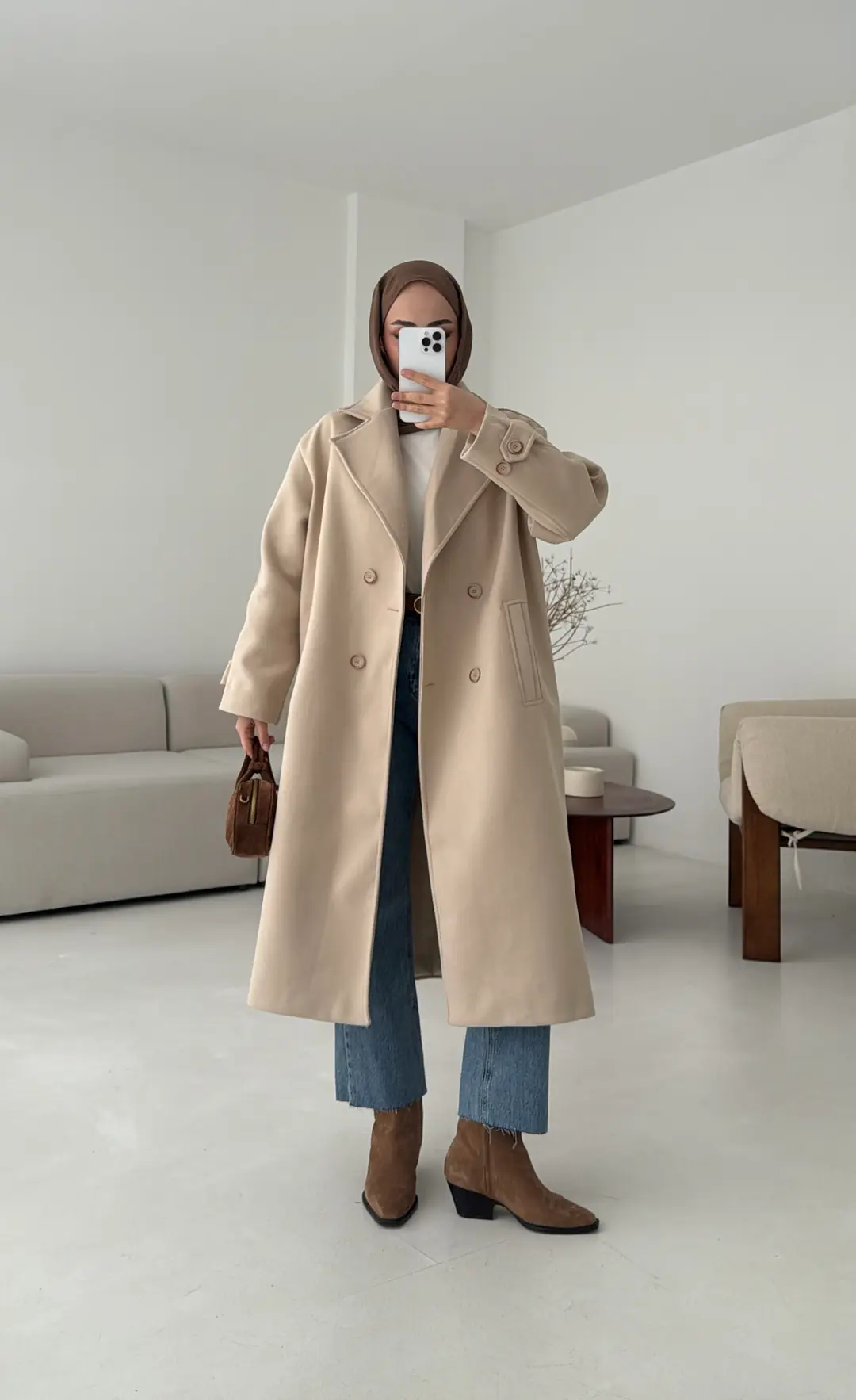 Çift Düğmeli Uzun Kaban Bej - Görsel 10