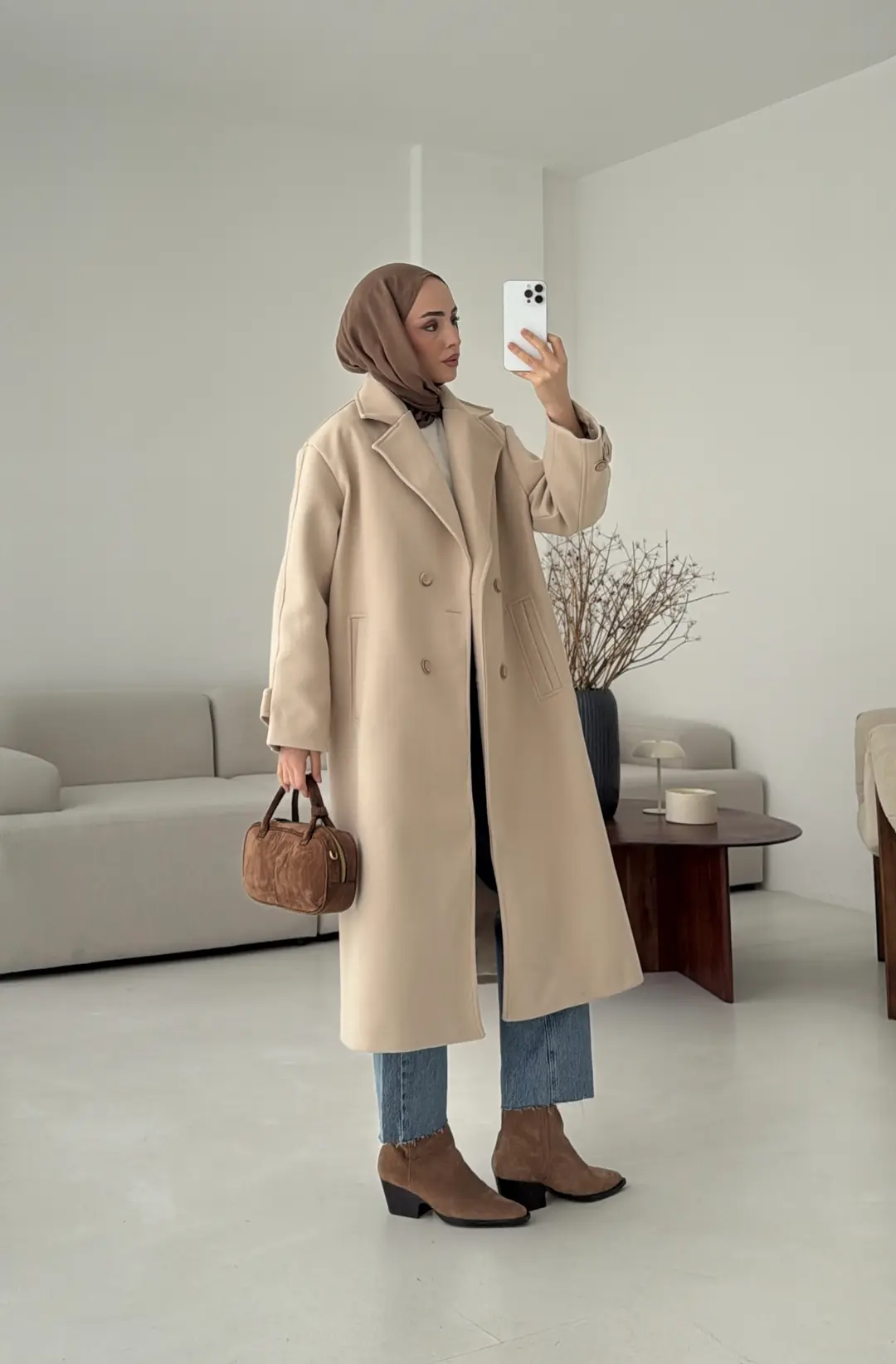 Çift Düğmeli Uzun Kaban Bej - Görsel 2