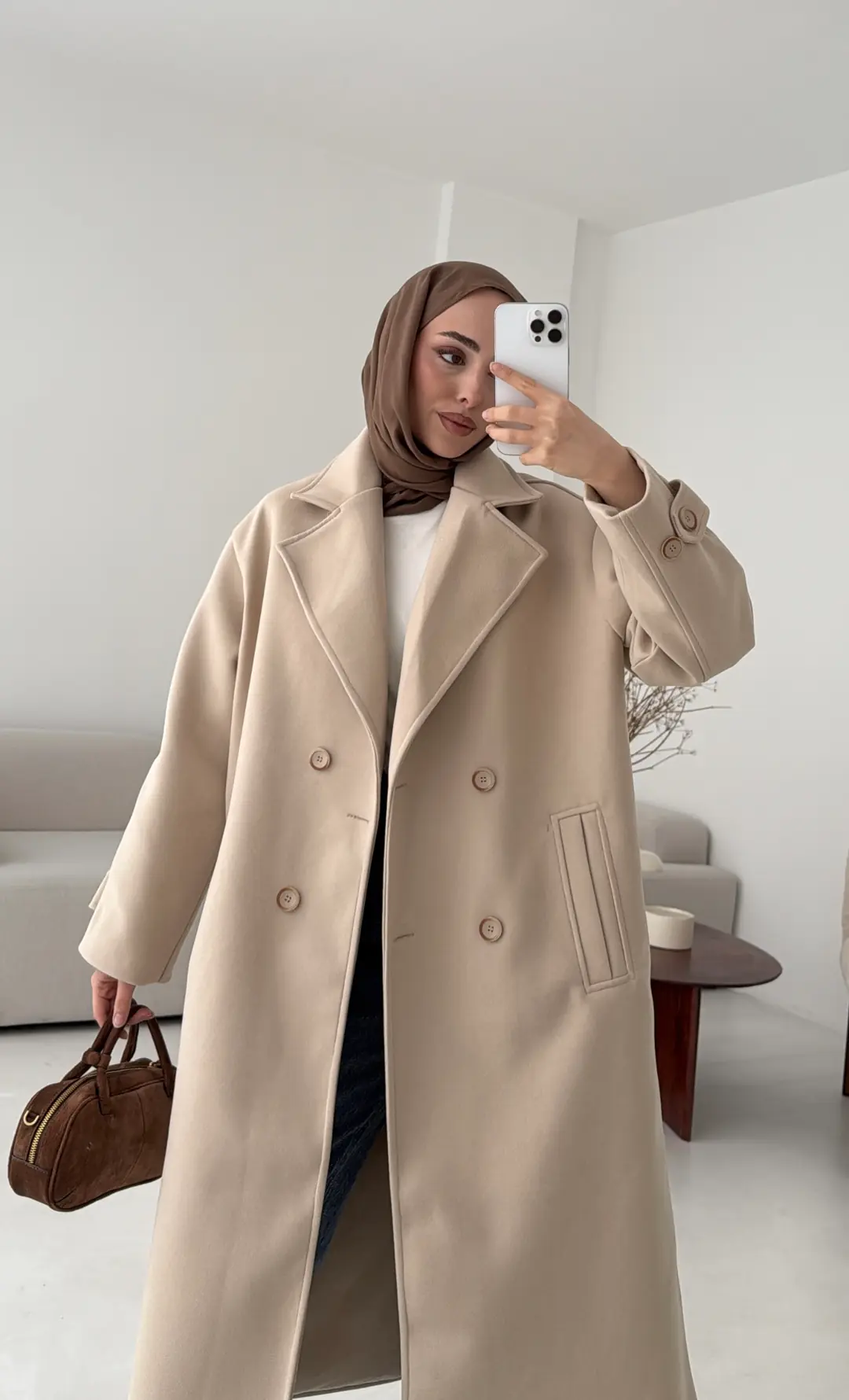 Çift Düğmeli Uzun Kaban Bej - Görsel 3