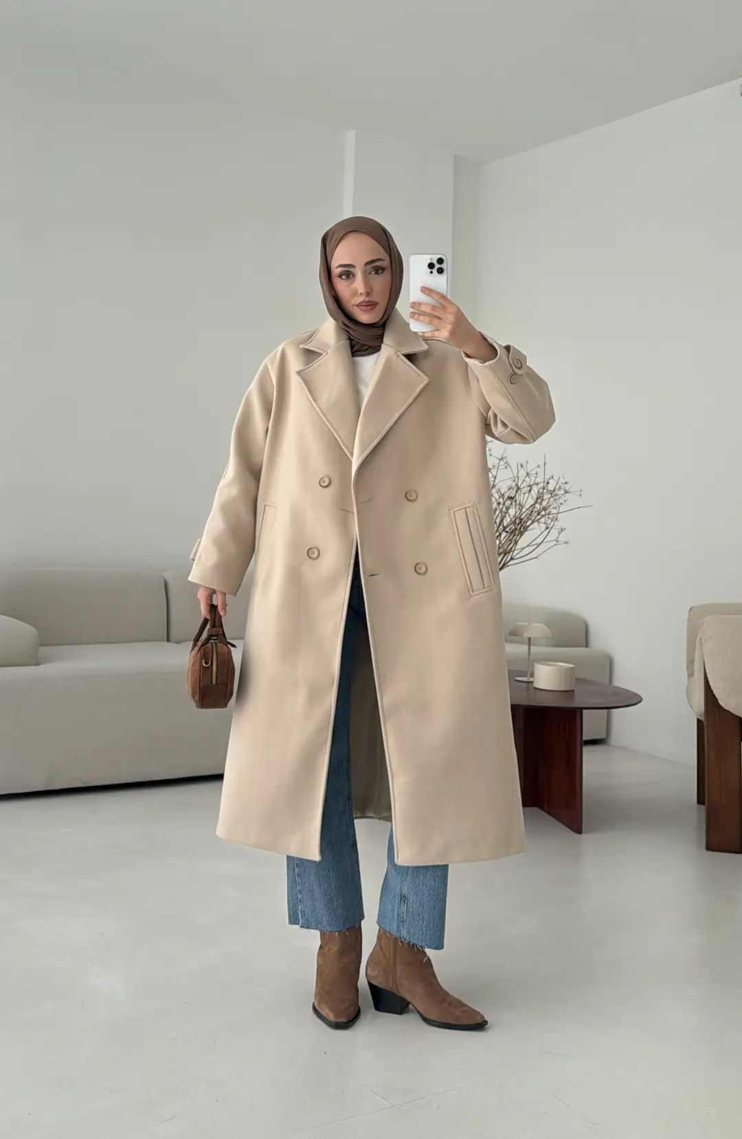 Çift Düğmeli Uzun Kaban Bej - Görsel 6