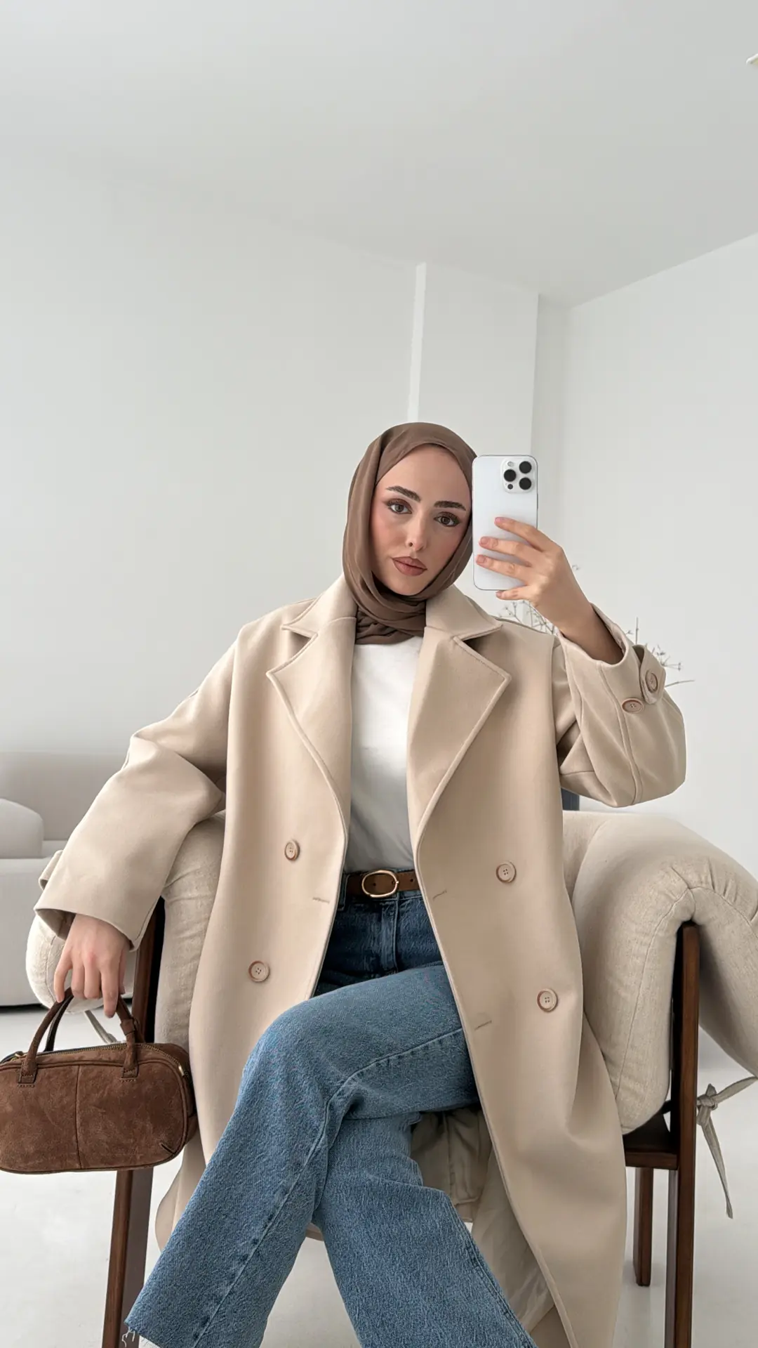 Çift Düğmeli Uzun Kaban Bej - Görsel 8