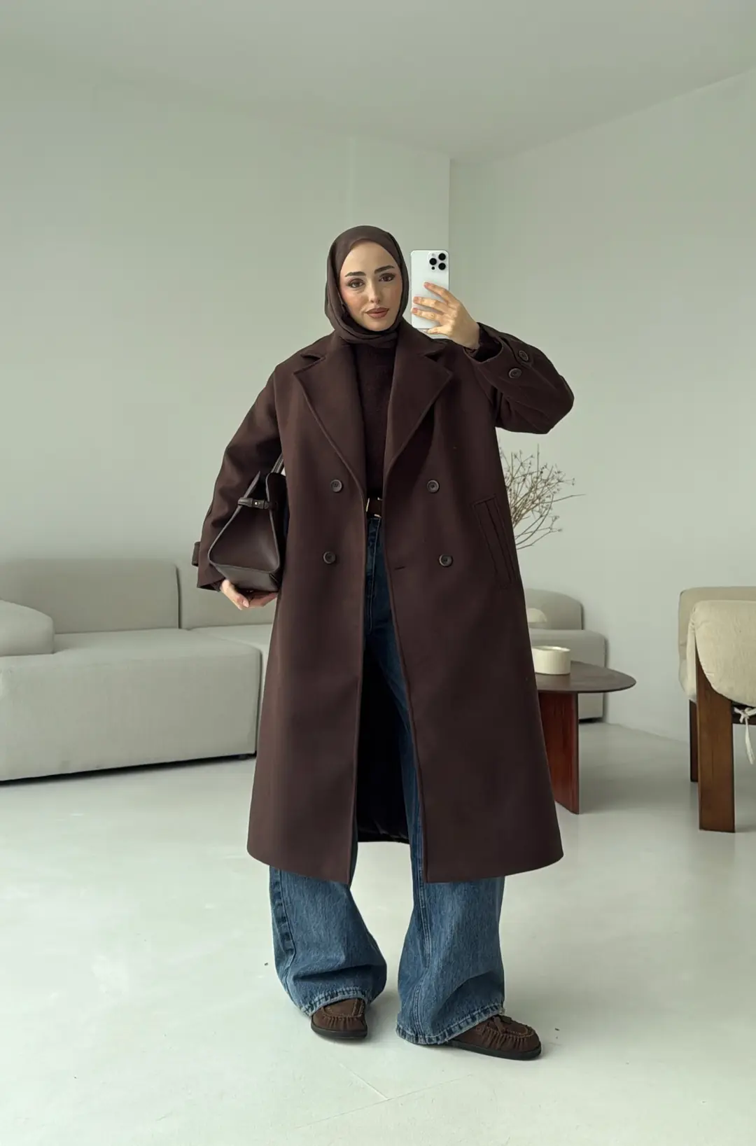 Çift Düğmeli Uzun Kaban Kahve - Görsel 4