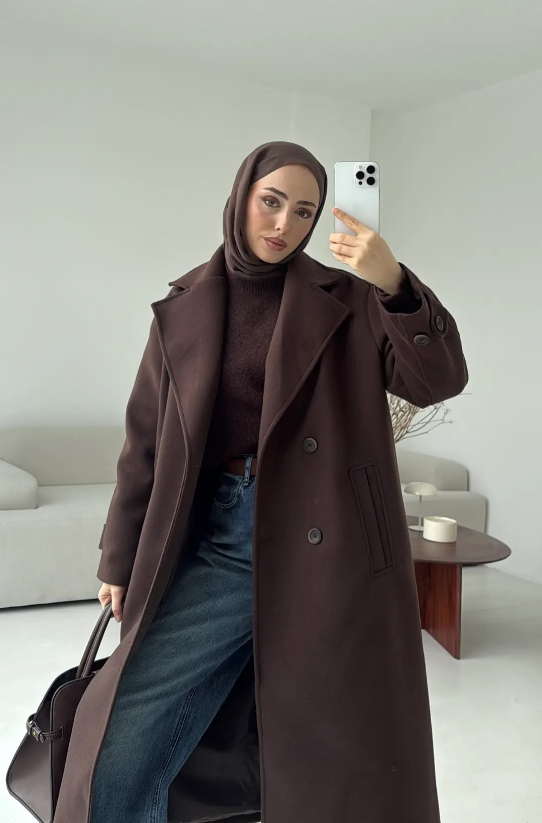 Çift Düğmeli Uzun Kaban Kahve - Görsel 6