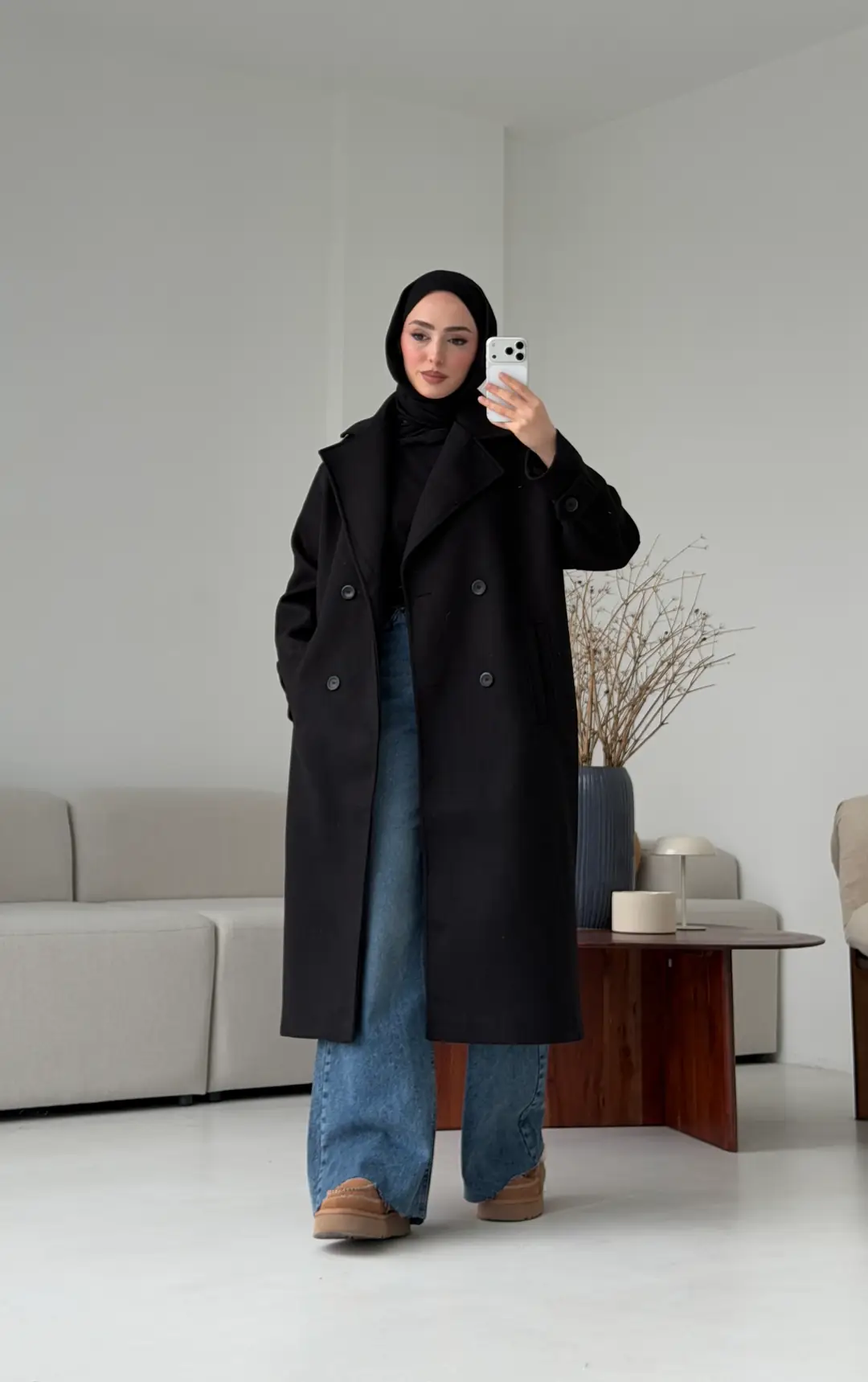 Çift Dügmeli Uzun Kaşe Kaban Siyah