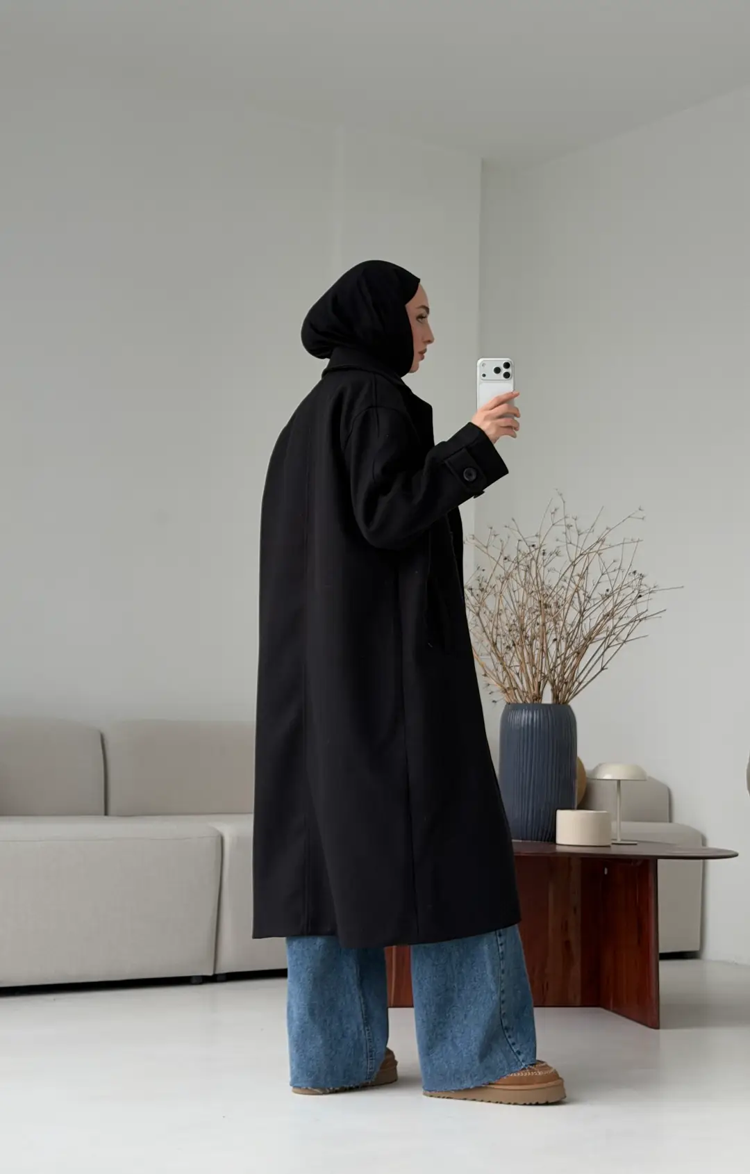 Çift Dügmeli Uzun Kaşe Kaban Siyah - Görsel 2