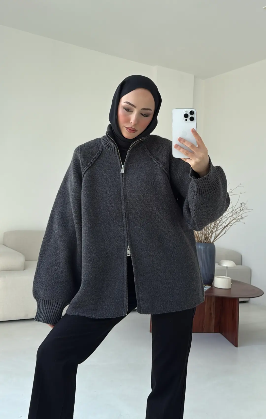 Çift Fermuarlı Hırka Antrasit