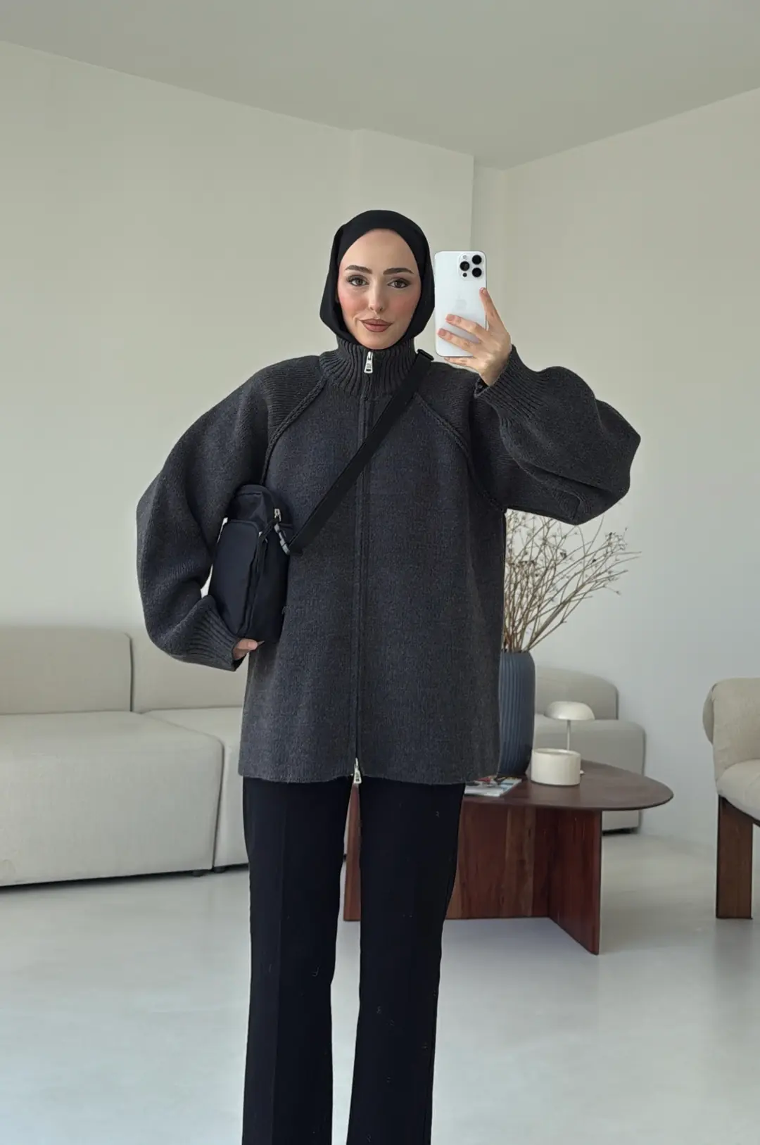 Çift Fermuarlı Hırka Antrasit - Görsel 7