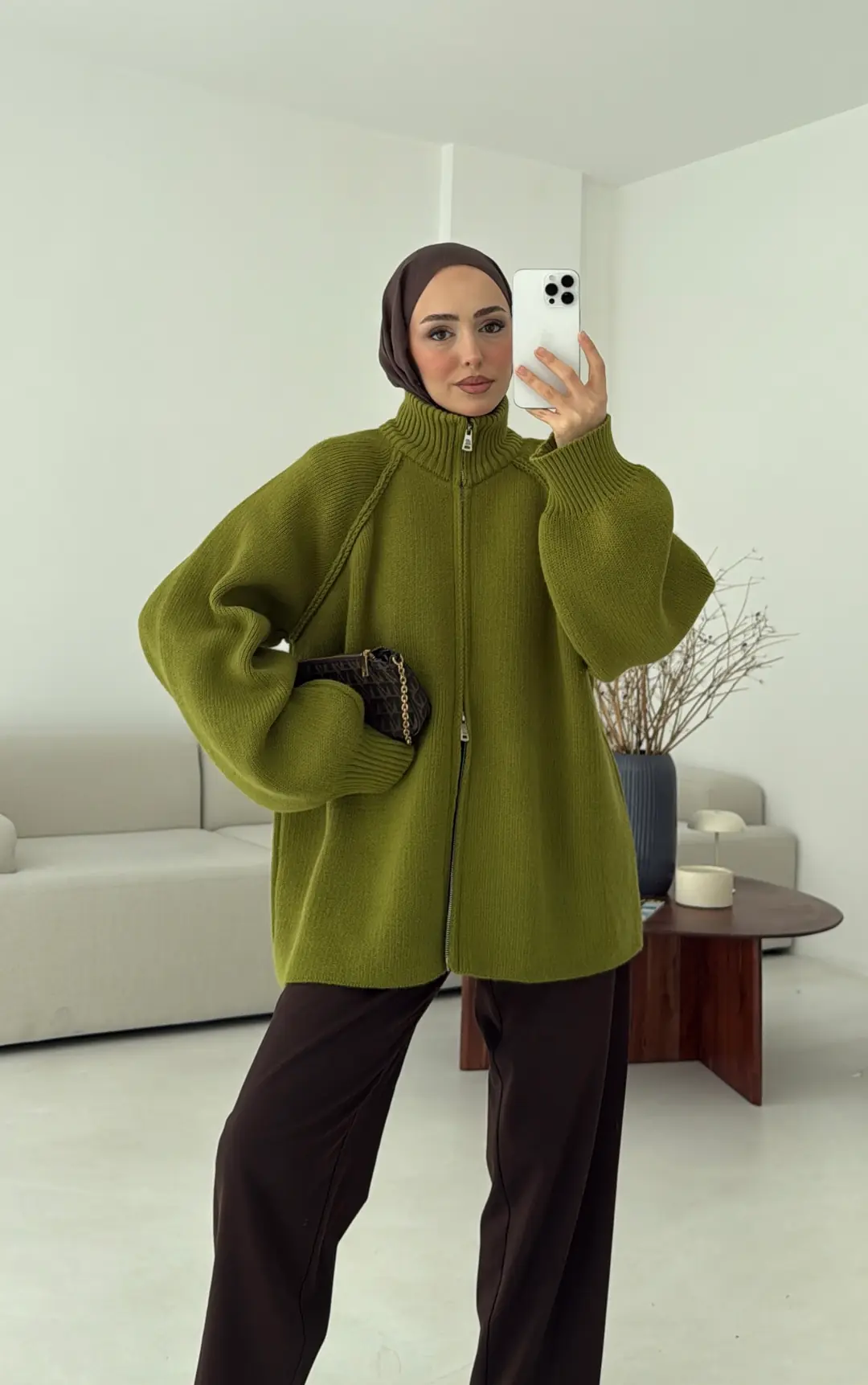 Çift Fermuarlı Hırka Yeşil