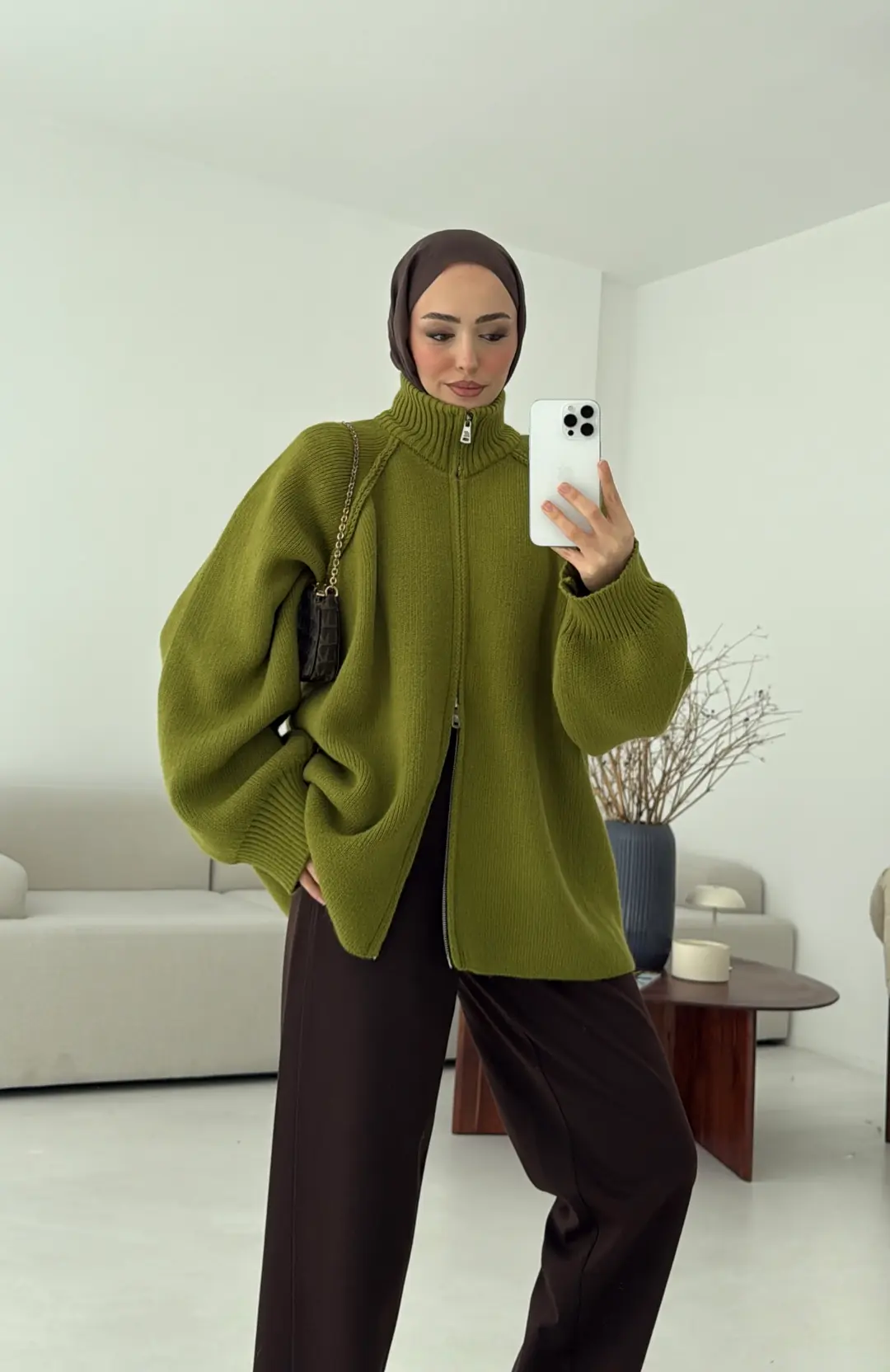 Çift Fermuarlı Hırka Yeşil - Görsel 3