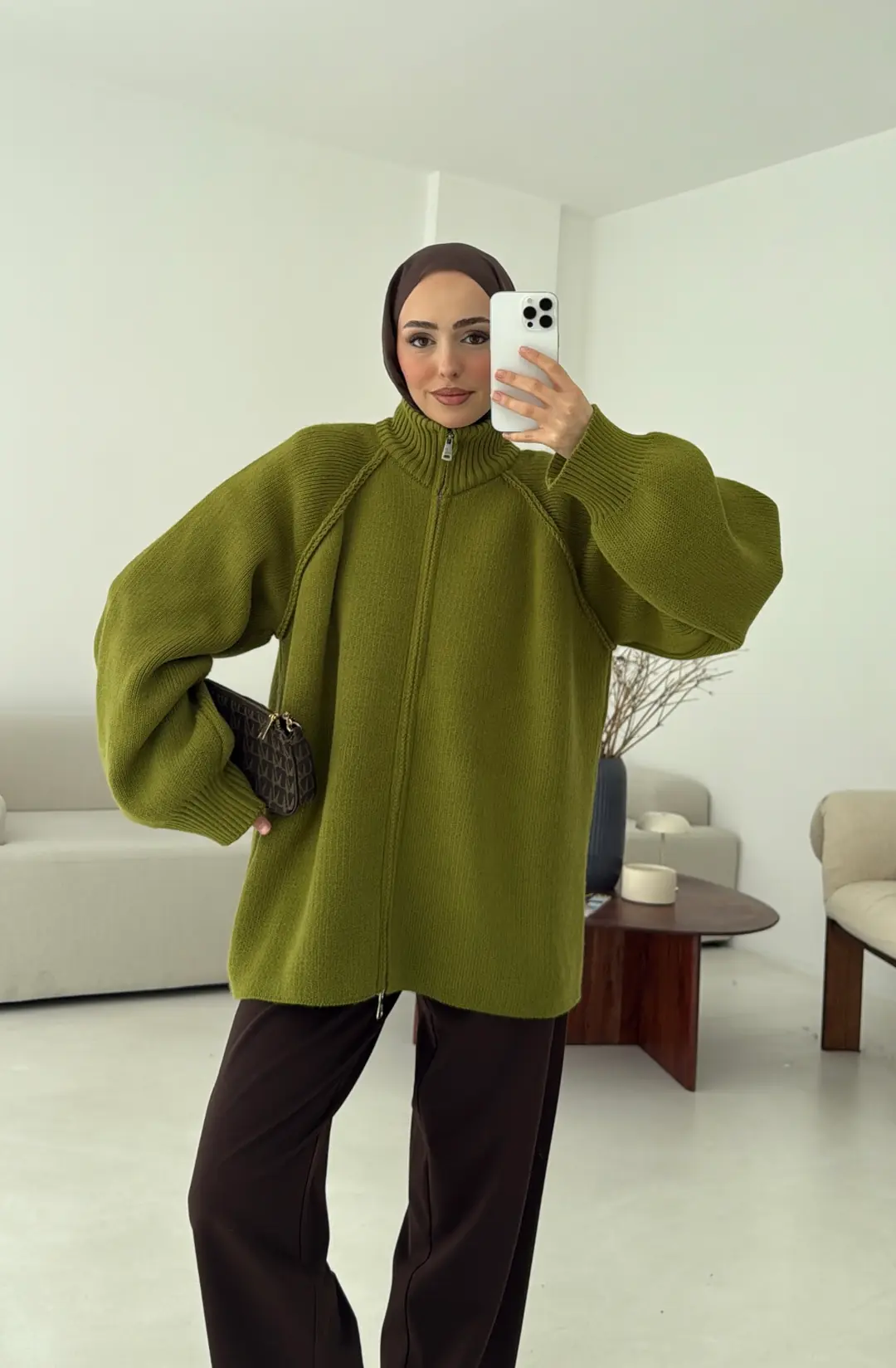 Çift Fermuarlı Hırka Yeşil - Görsel 5