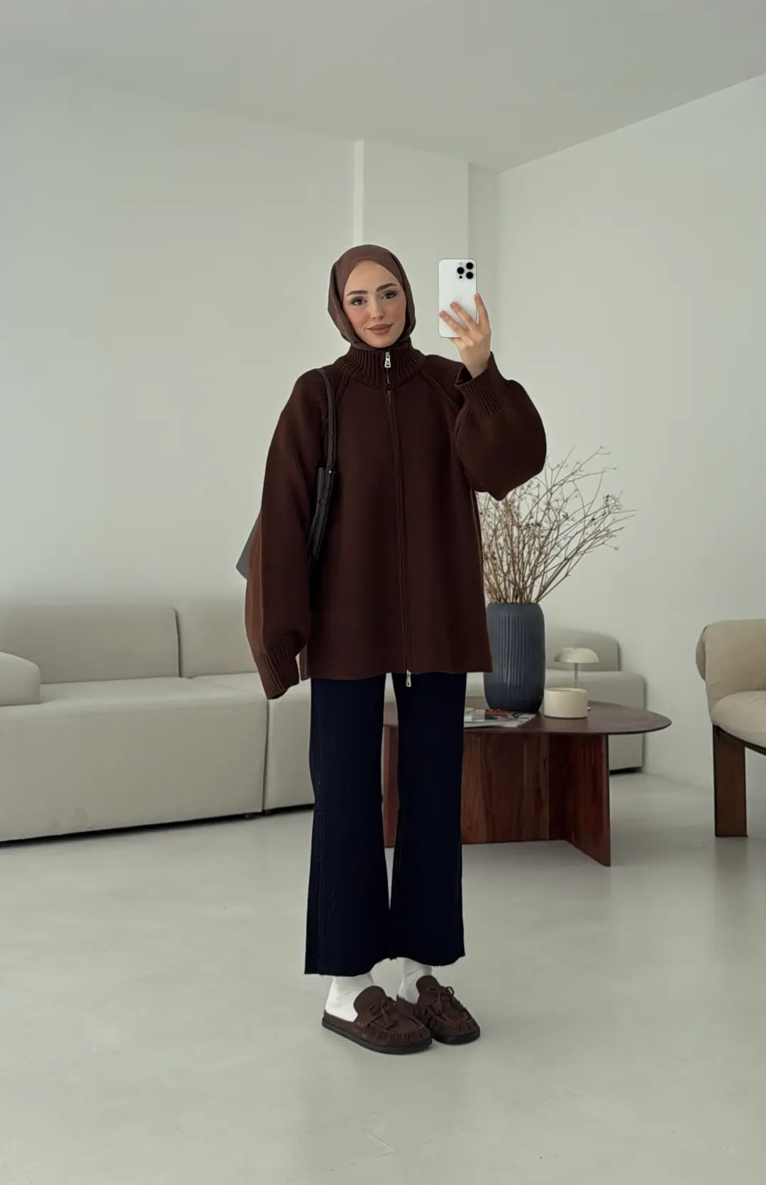 Çift Fermuarlı Hırka Kahve - Görsel 10