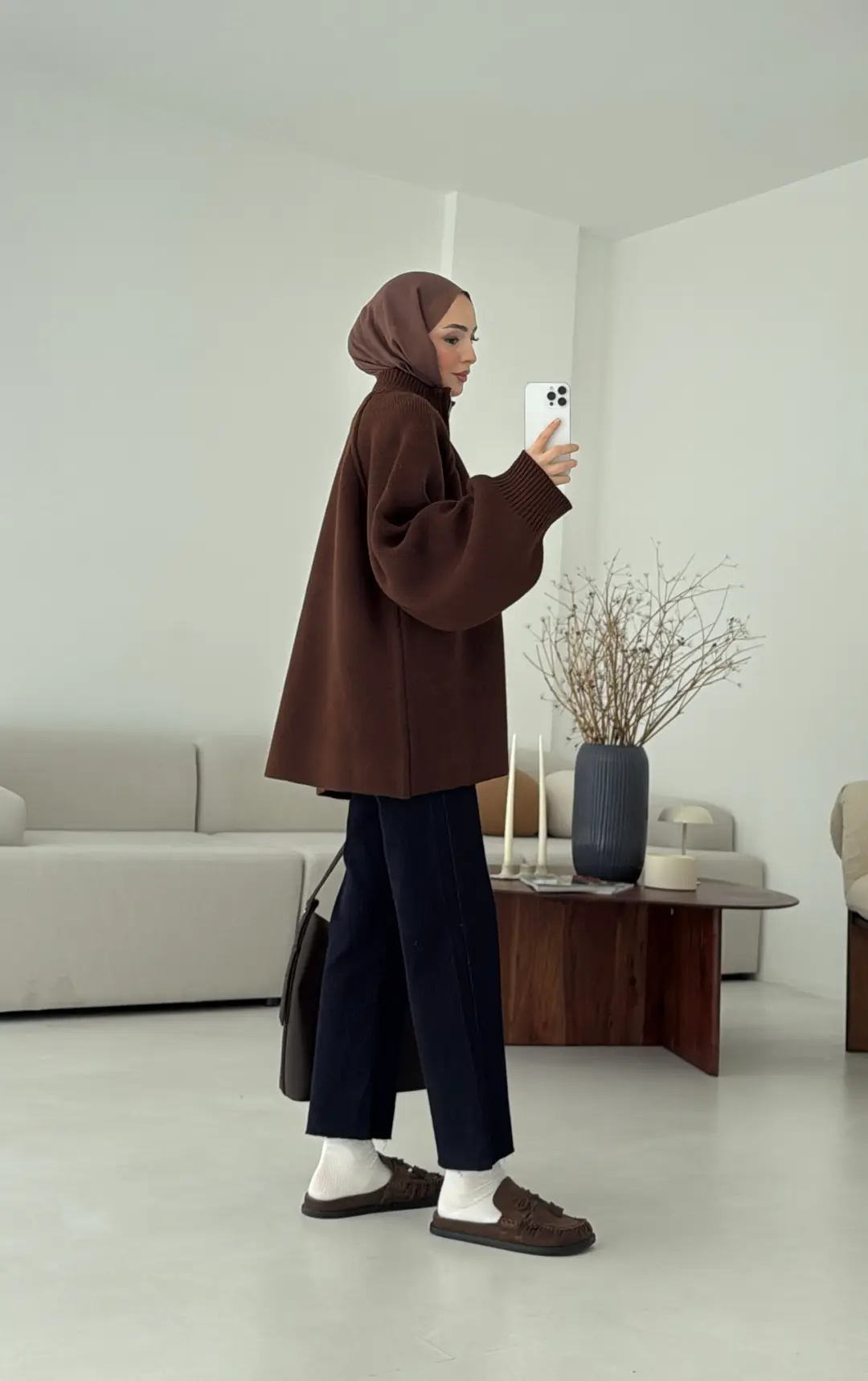 Çift Fermuarlı Hırka Kahve - Görsel 3