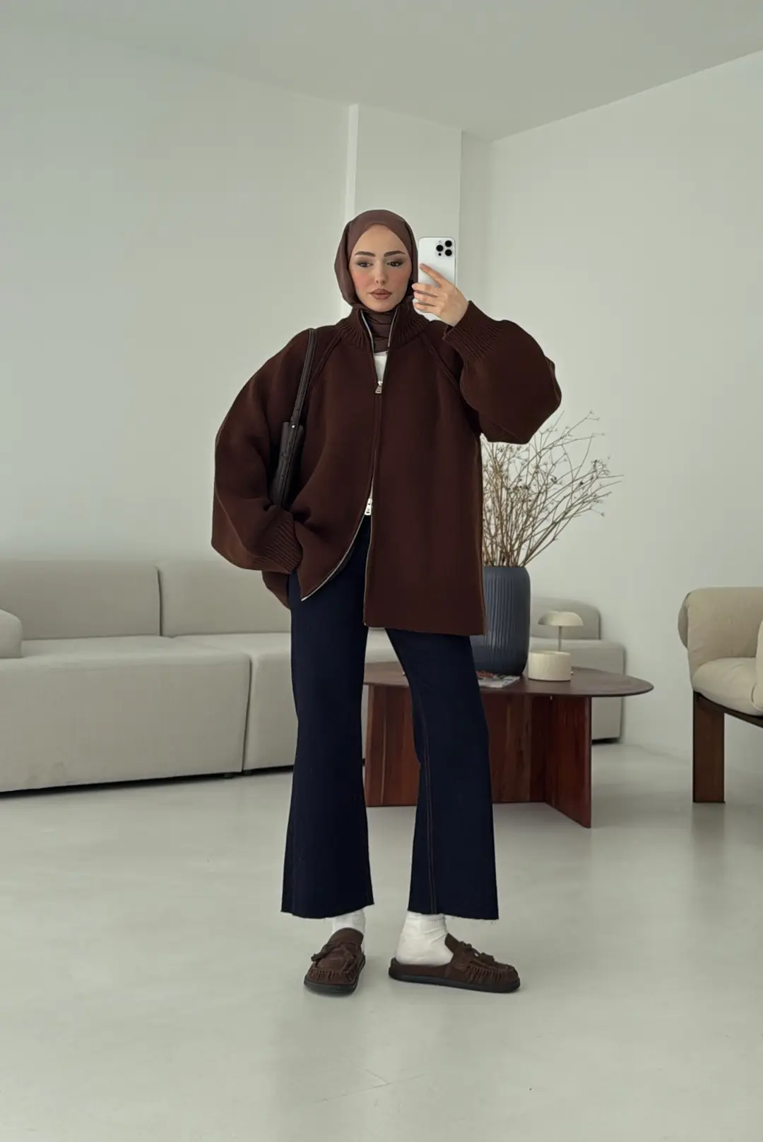 Çift Fermuarlı Hırka Kahve - Görsel 7