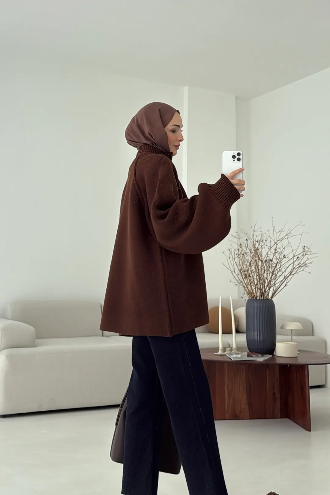 Çift Fermuarlı Hırka Kahve - Görsel 8