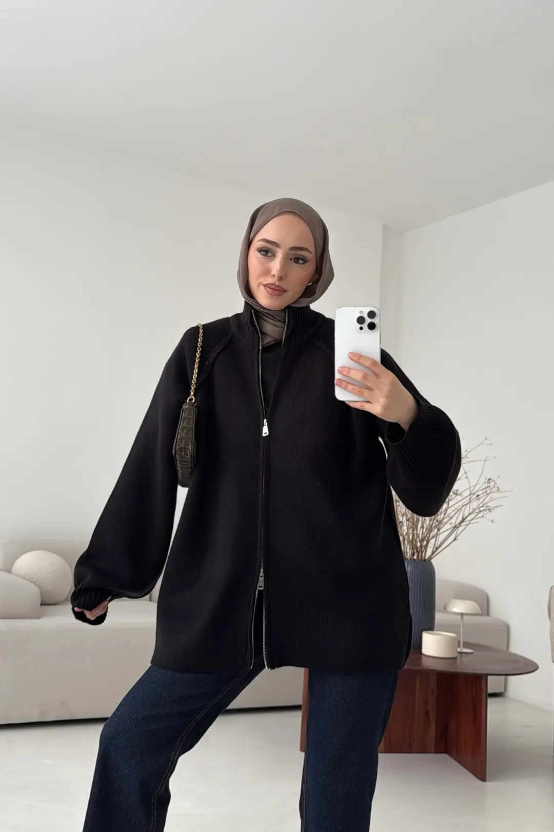 Çift Fermuarlı Hırka Siyah - Görsel 6