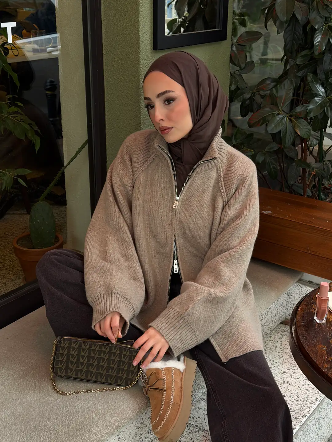 Çift Fermuarlı Hırka Vizon - Görsel 9