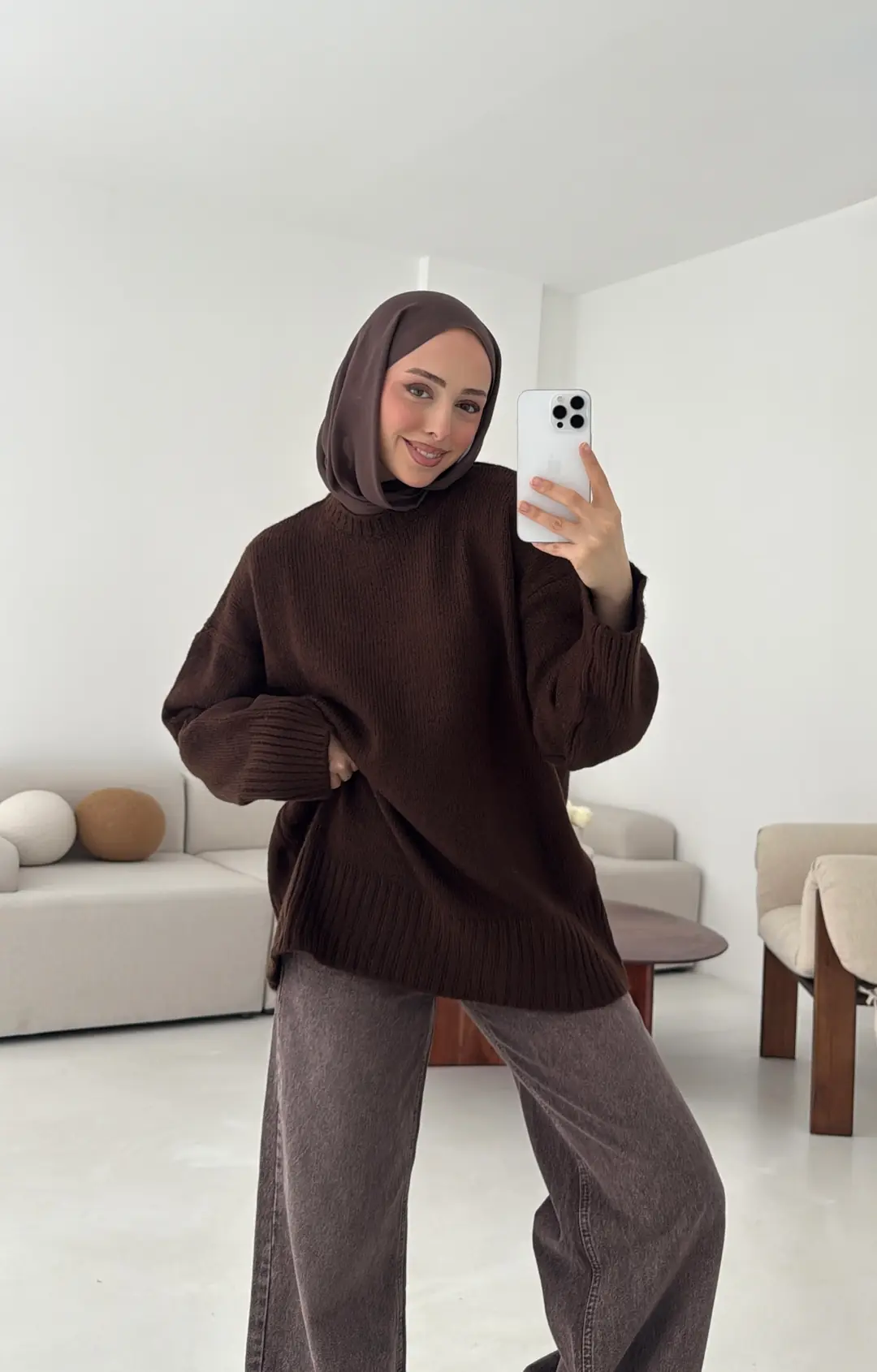 Çift Kat Triko Kazak Kahve